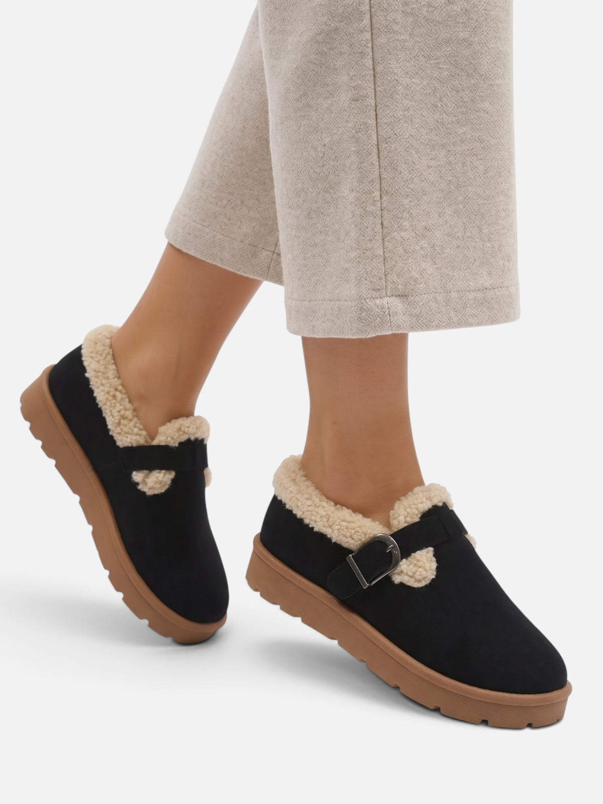 Women's Suede Look Sherpa Buckle Mule Clogs