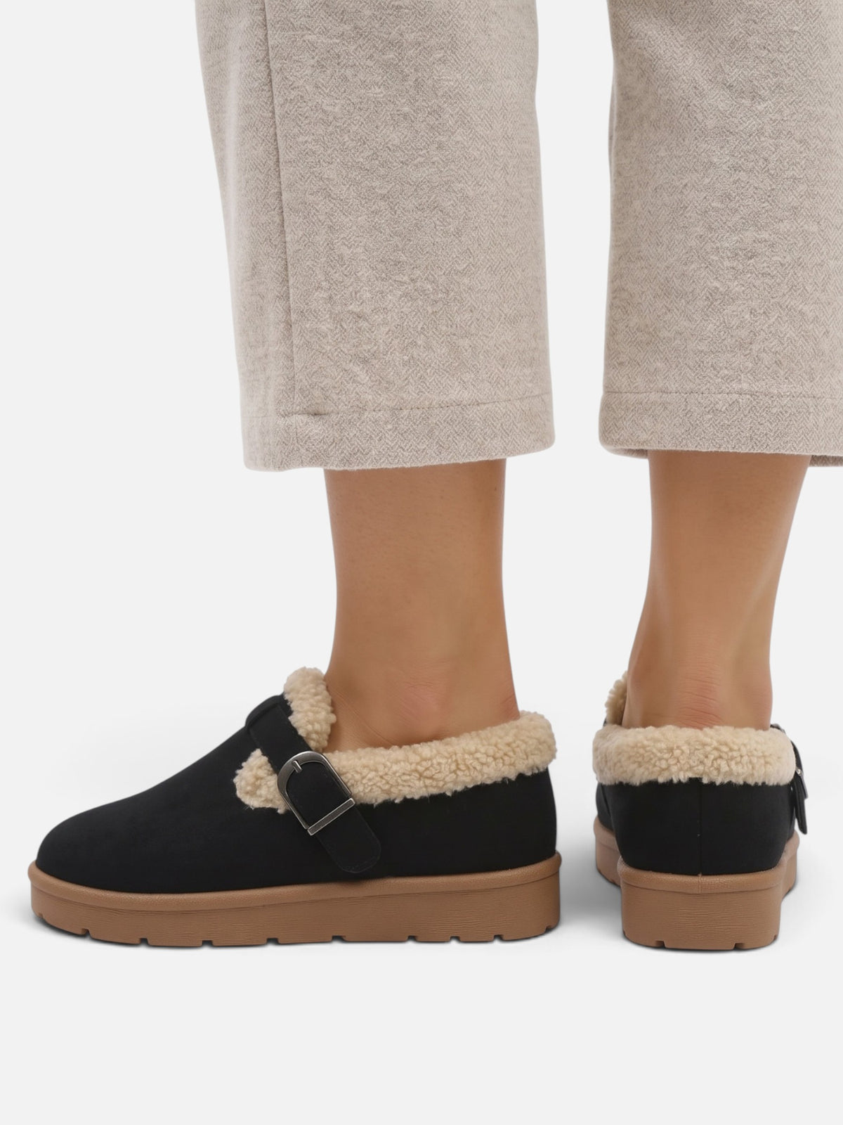 Women's Suede Look Sherpa Buckle Mule Clogs