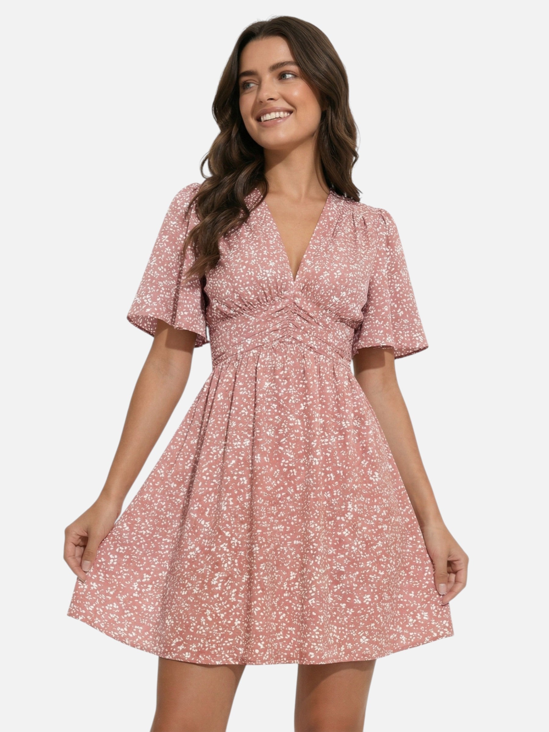 Robe femme courte fluide à imprimé avec col V et taille marquée