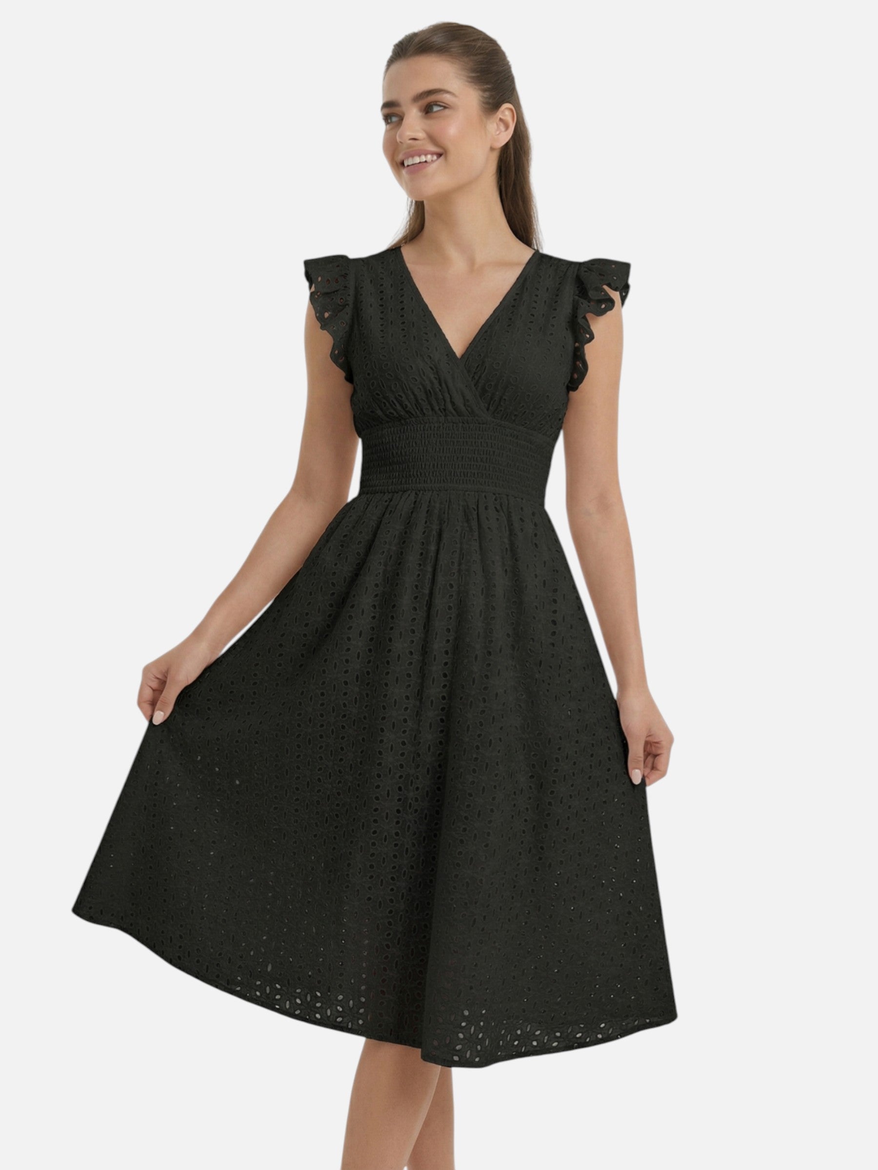 Robe midi femme col cache-cœur manches volantées été