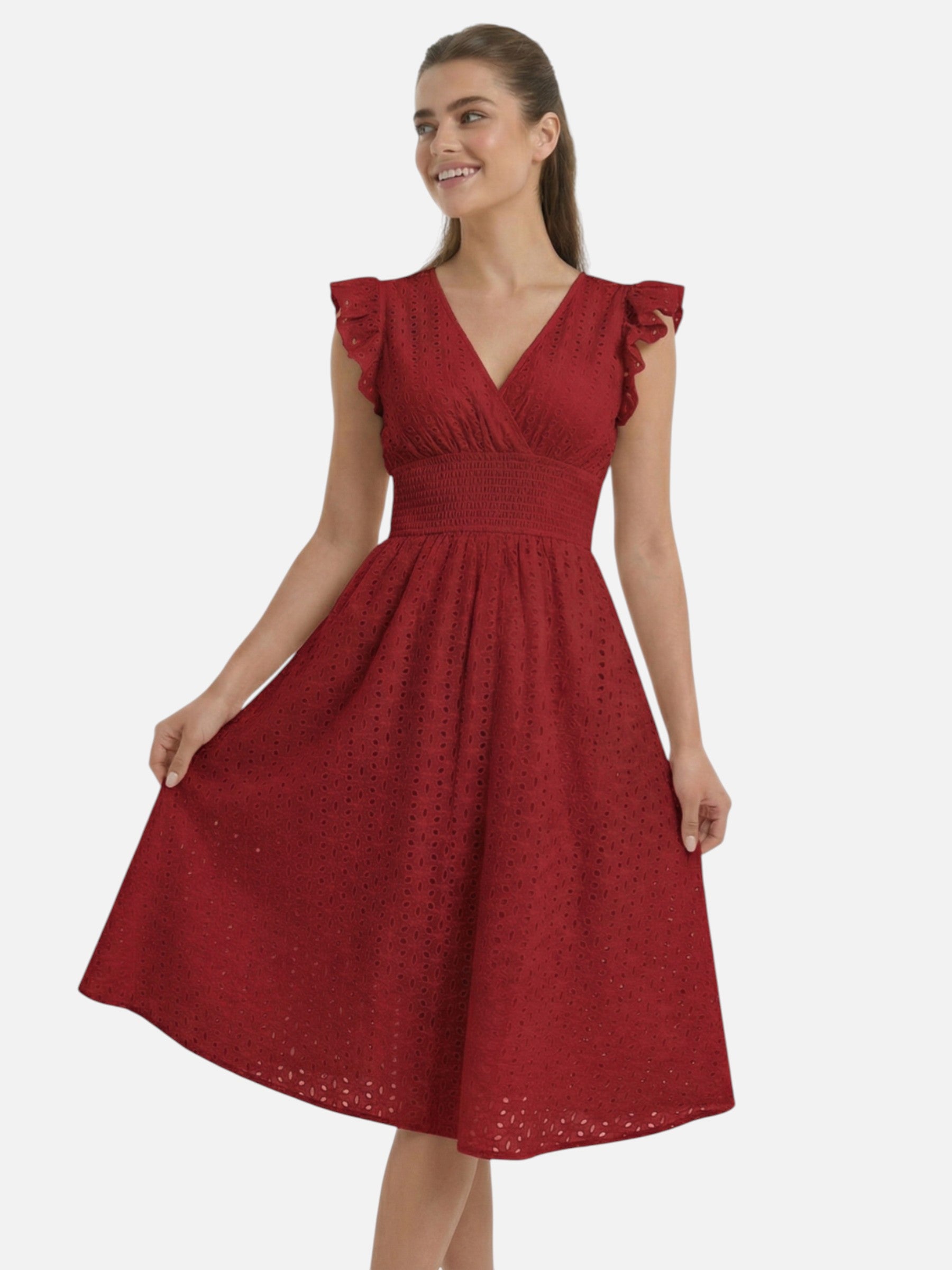 Robe midi femme col cache-cœur manches volantées été