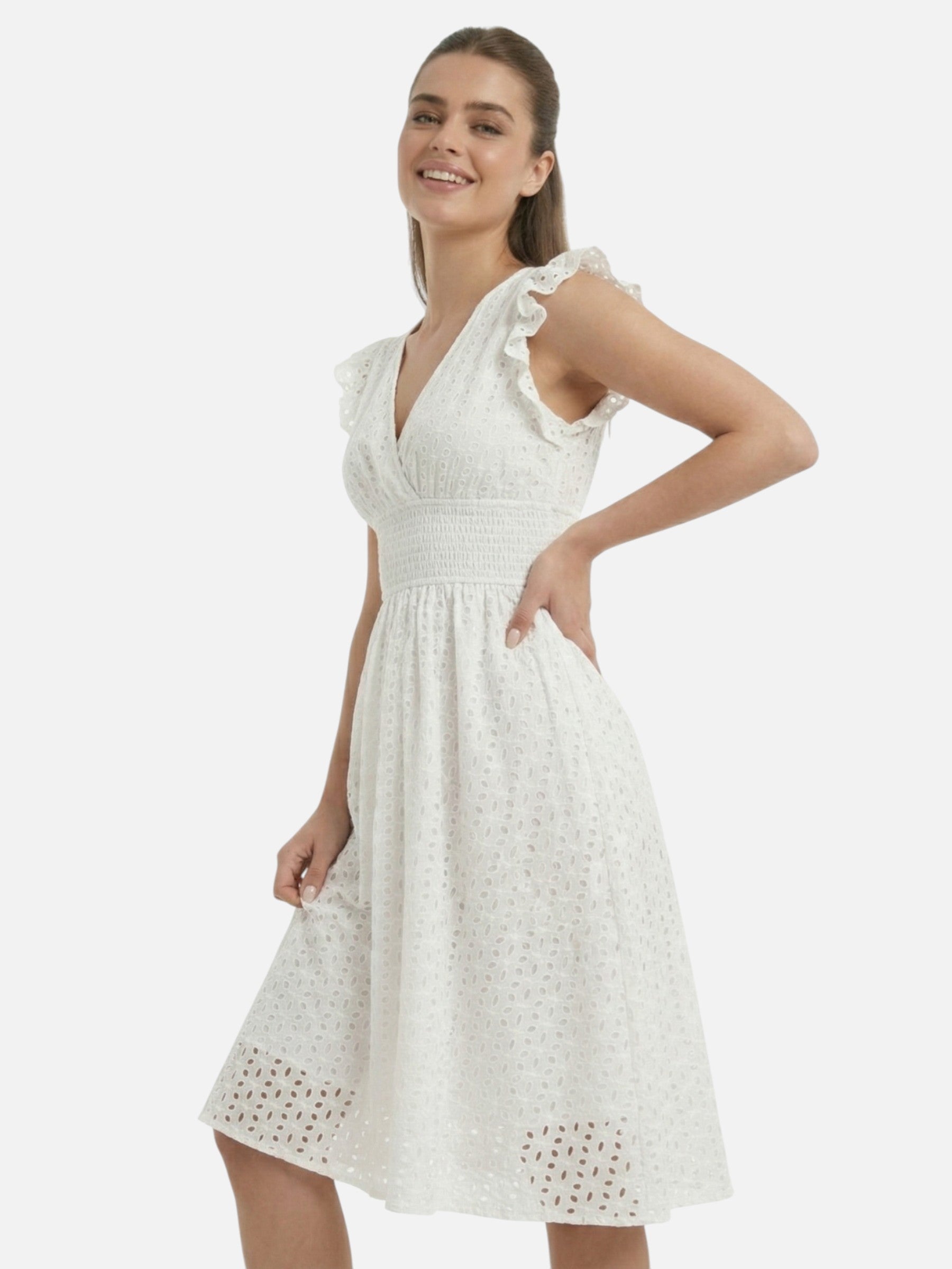 Vestido midi de mujer con cuello cruzado y mangas con volantes de verano