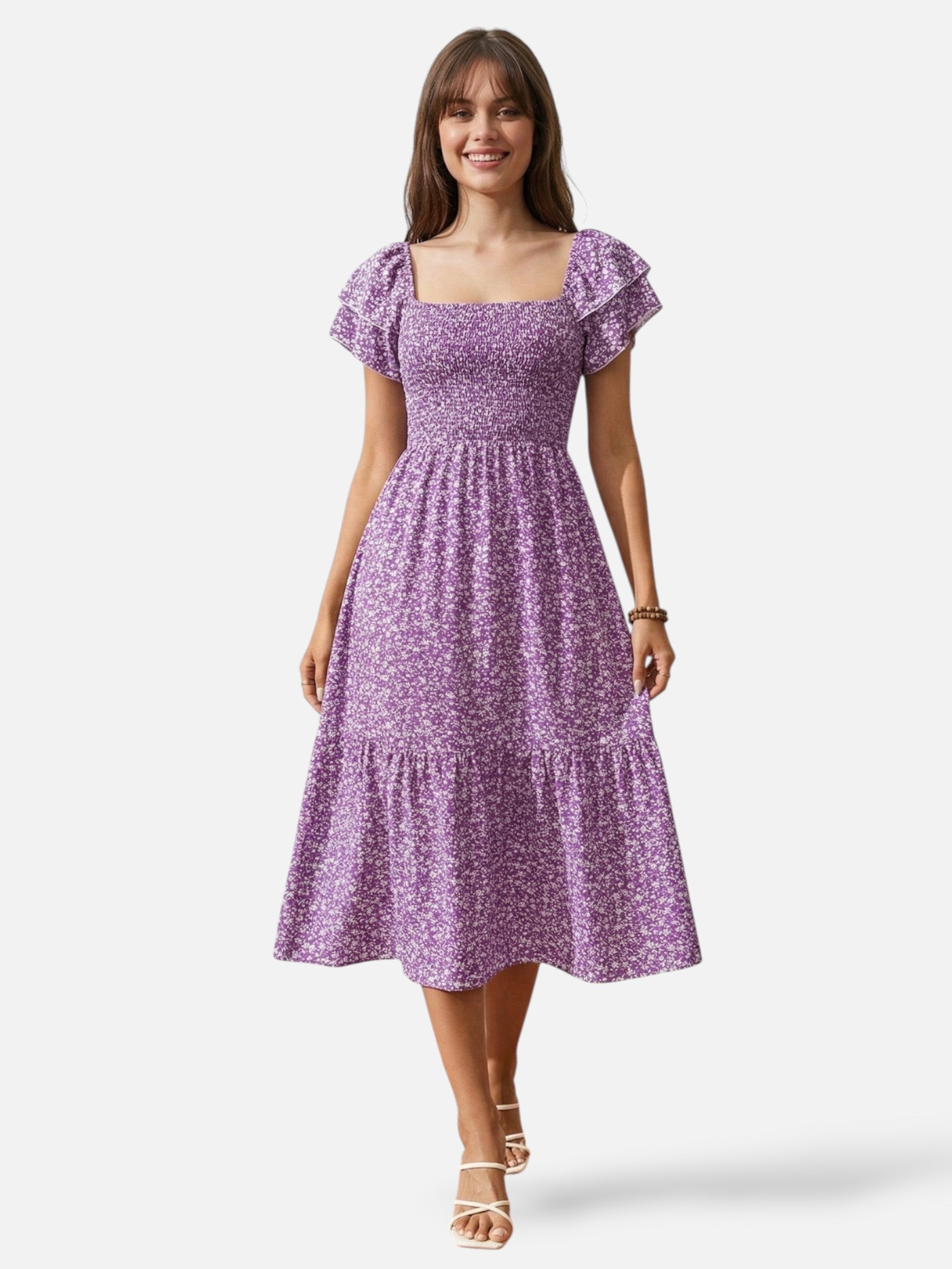 Robe midi fleurie à manches volantées et taille smockée pour femme
