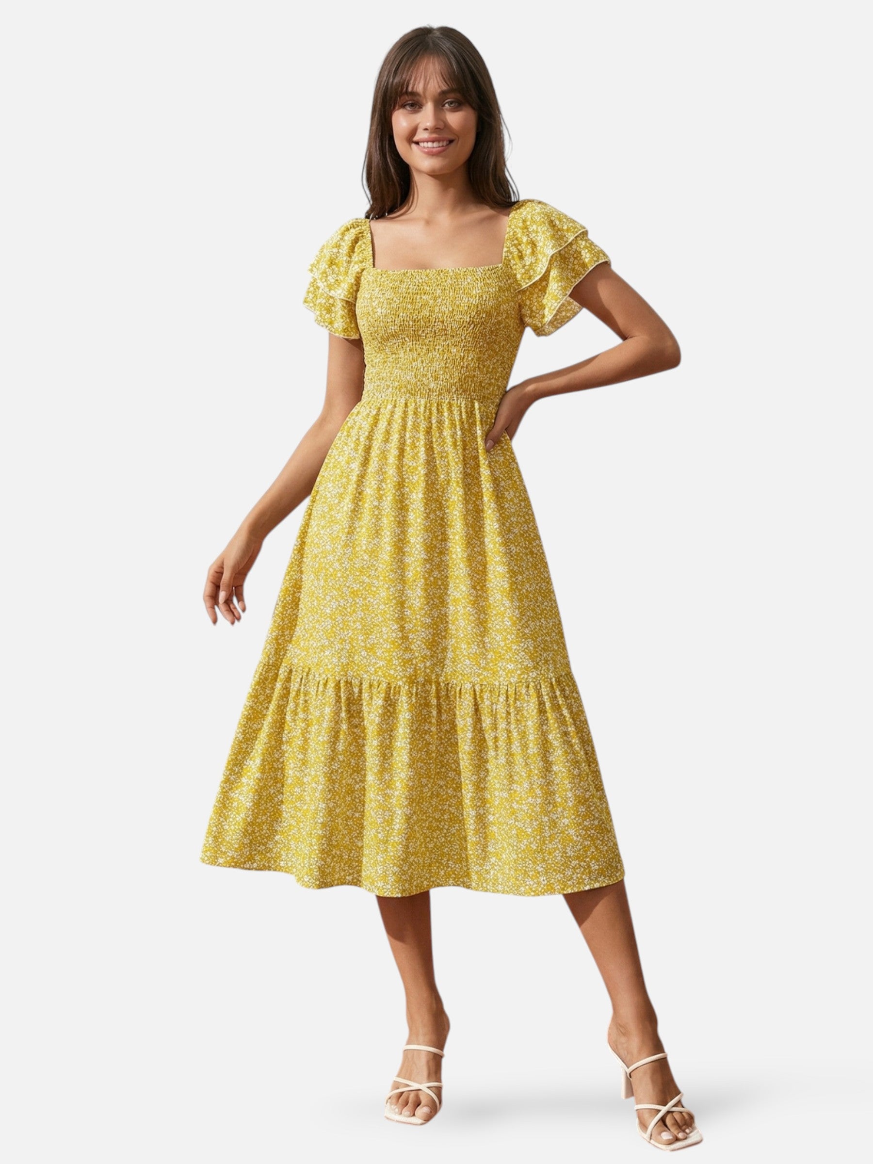 Robe midi fleurie à manches volantées et taille smockée pour femme