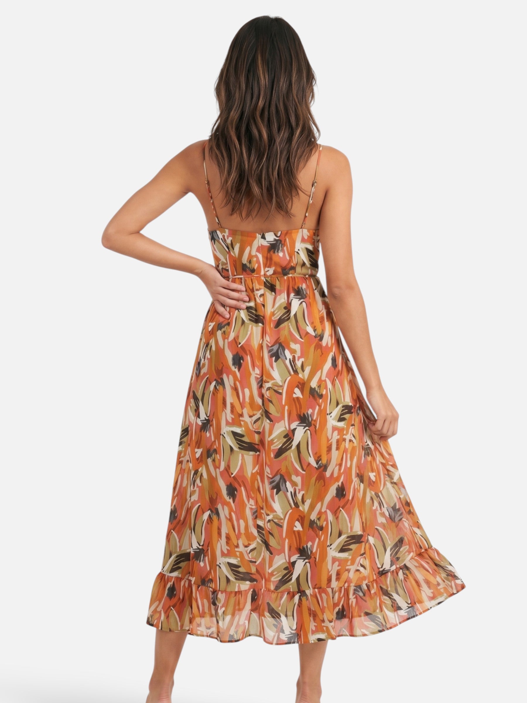 Robe longue fluide à imprimé coloré et bretelles fines