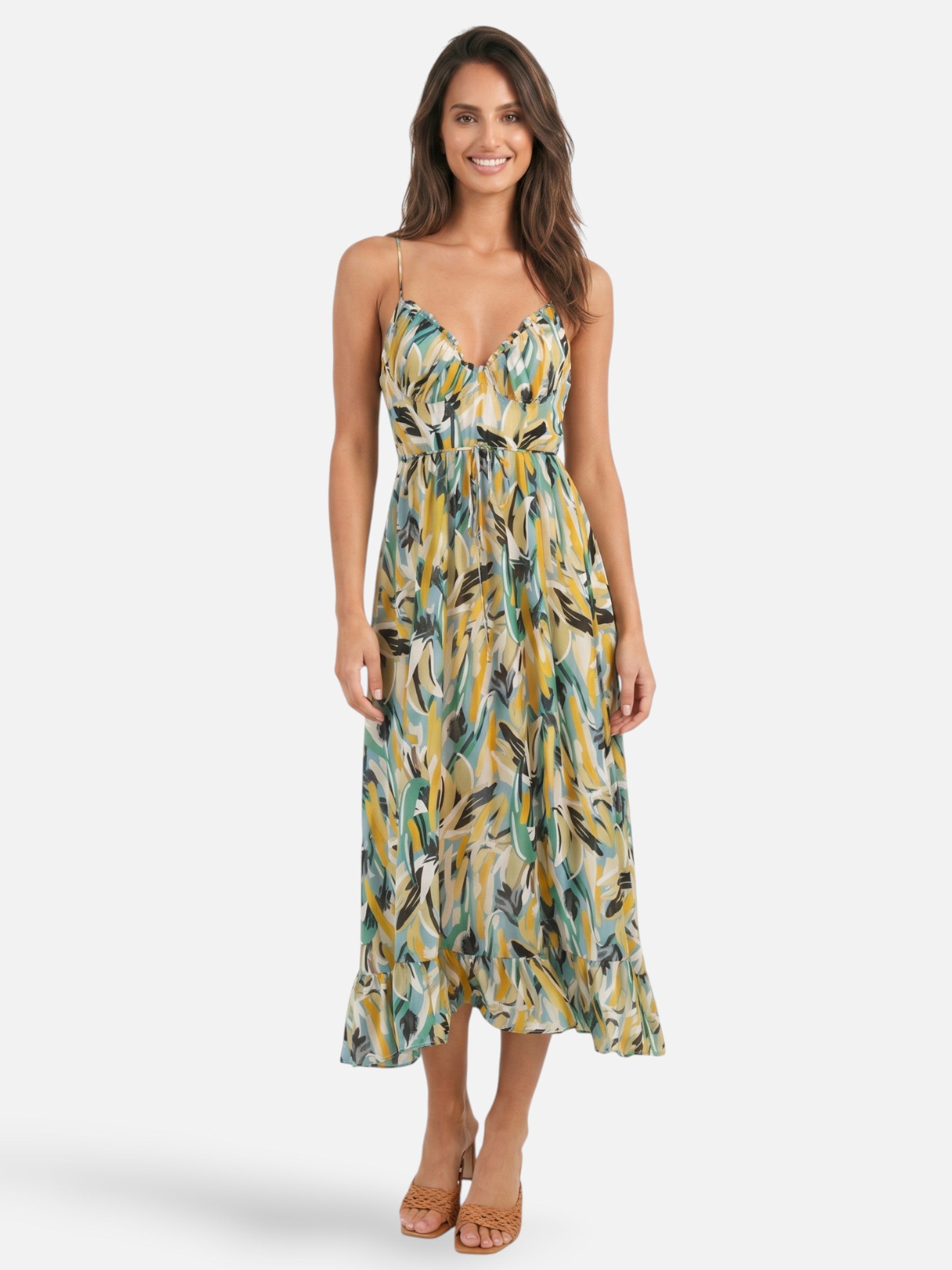 Robe longue fluide à imprimé coloré et bretelles fines
