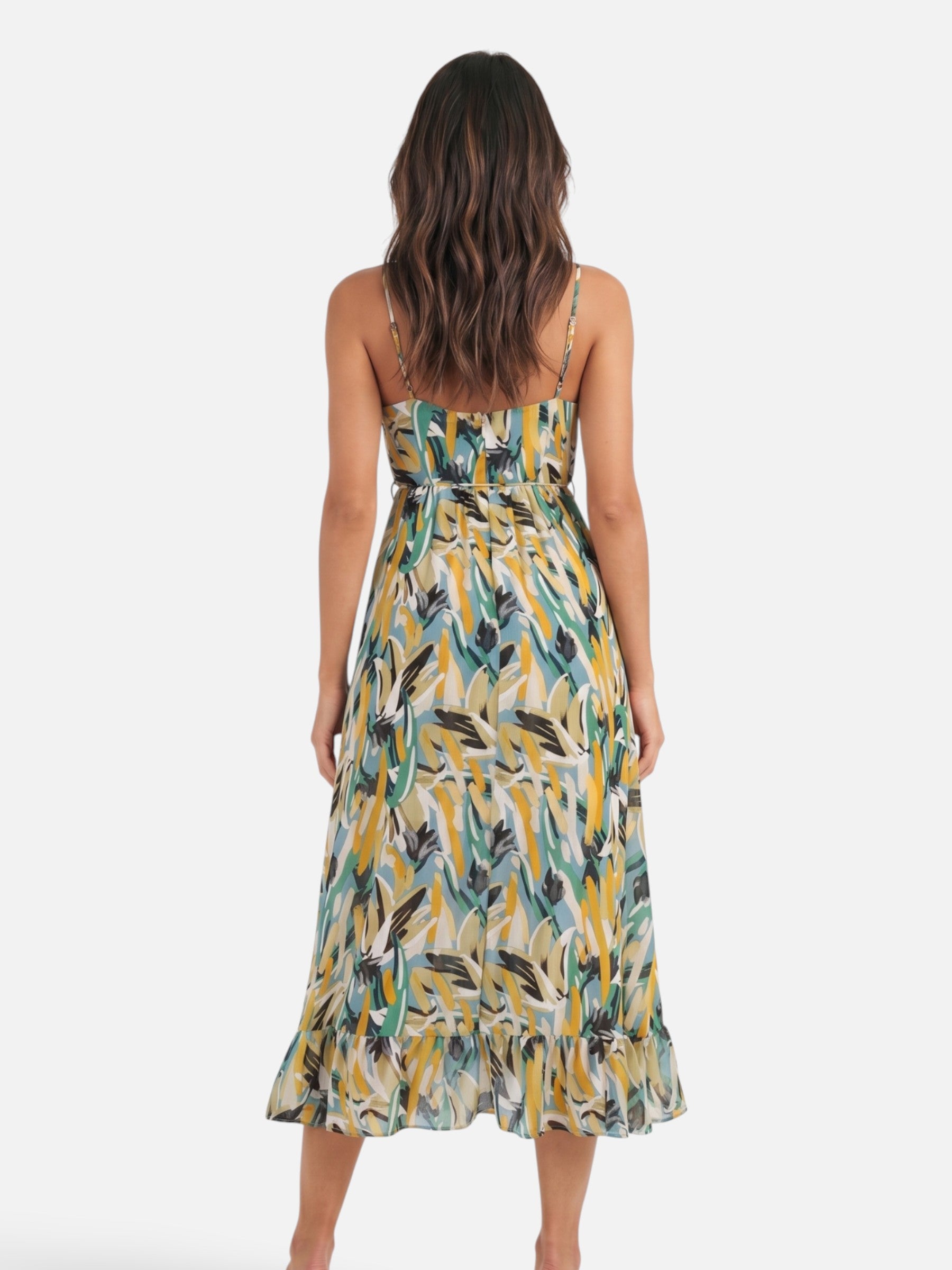 Robe longue fluide à imprimé coloré et bretelles fines