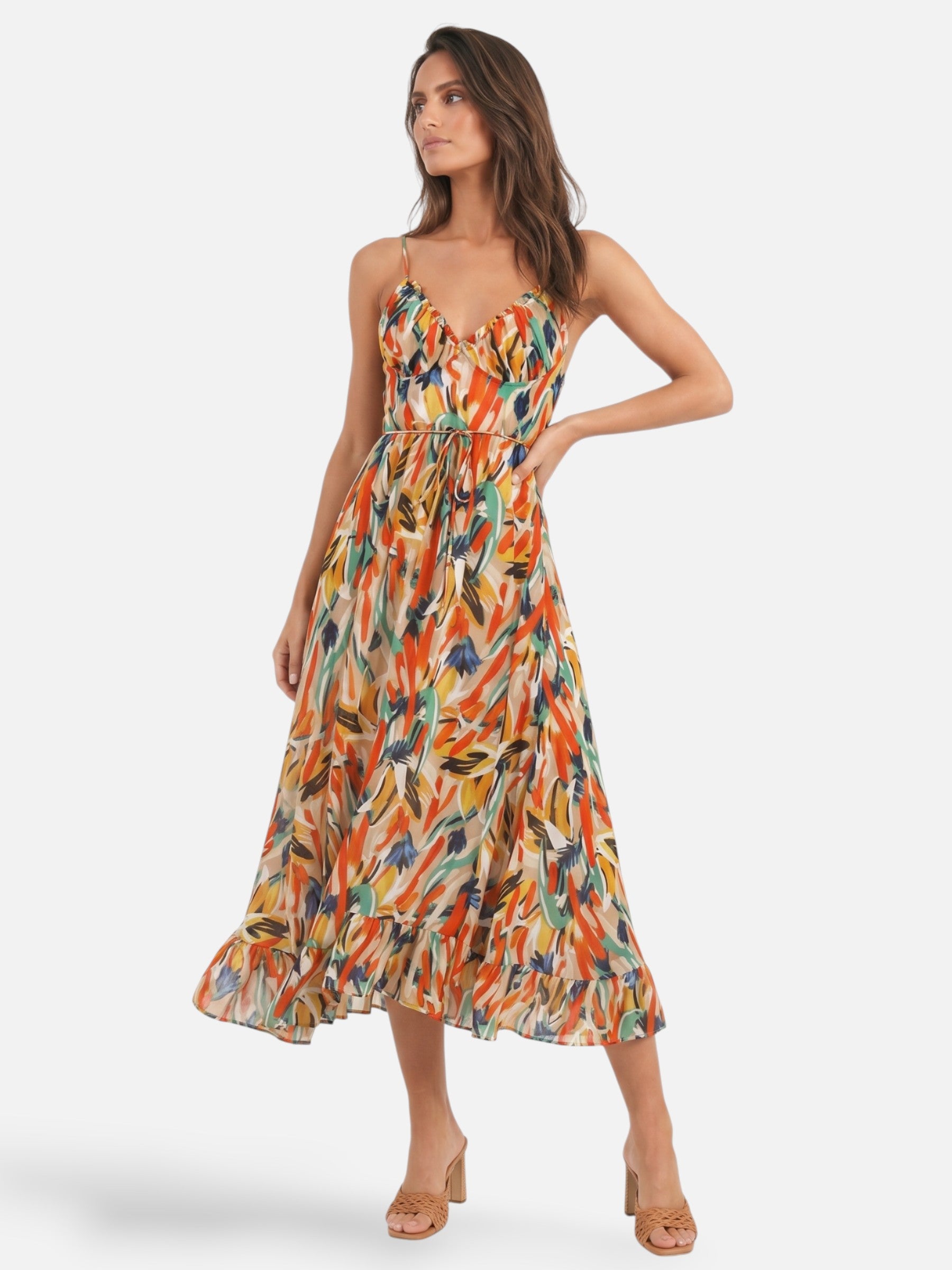 Robe longue fluide à imprimé coloré et bretelles fines