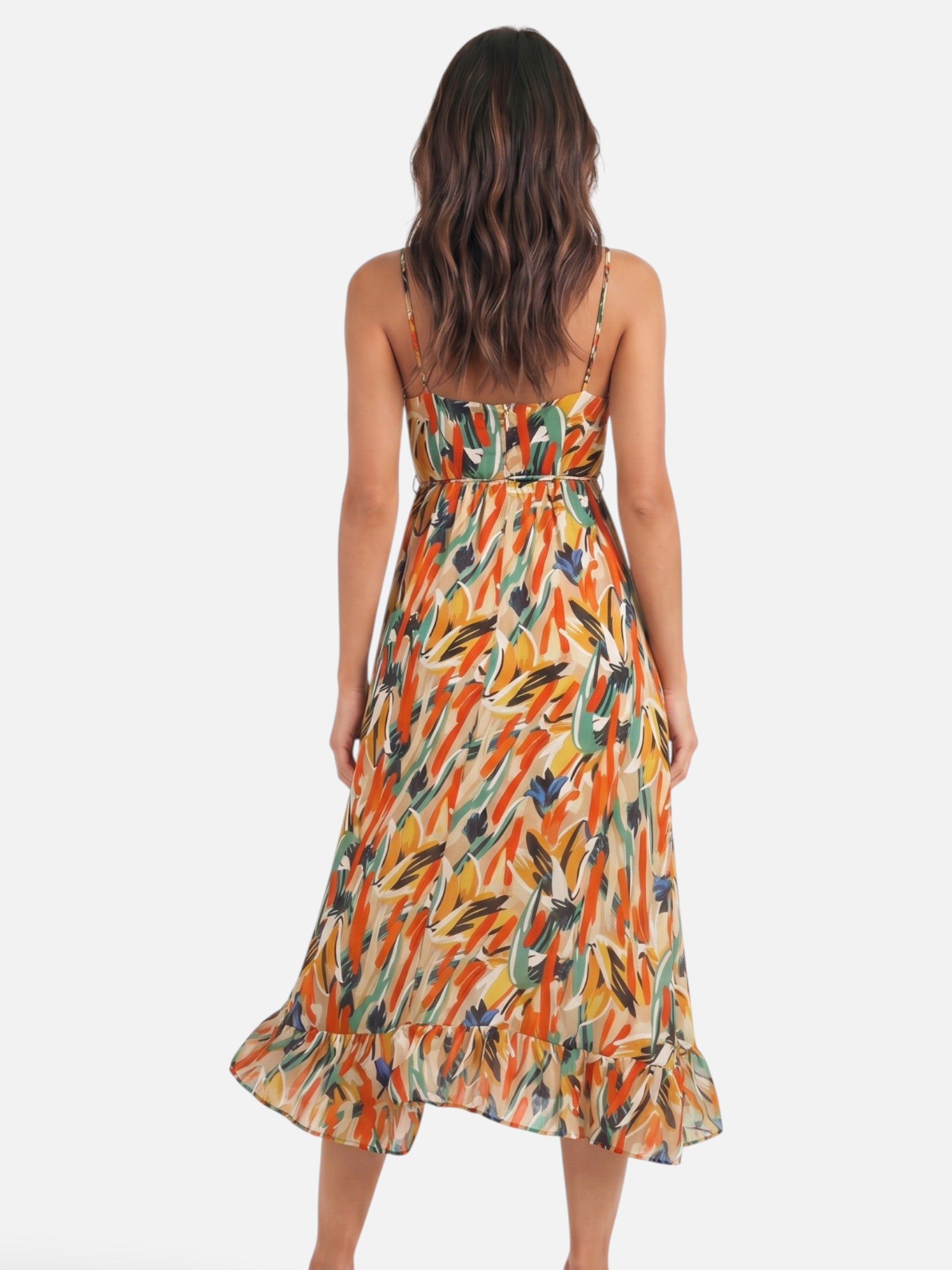 Robe longue fluide à imprimé coloré et bretelles fines