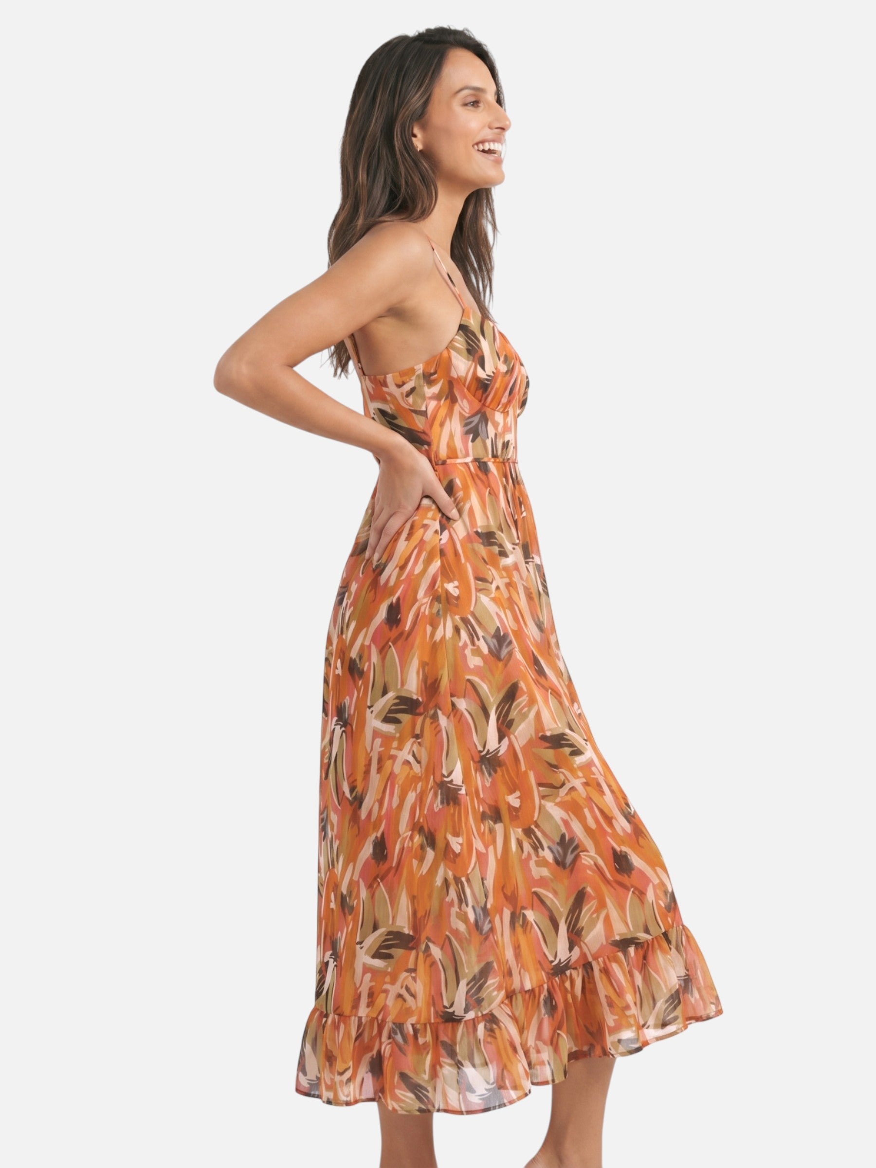 Robe longue fluide à imprimé coloré et bretelles fines