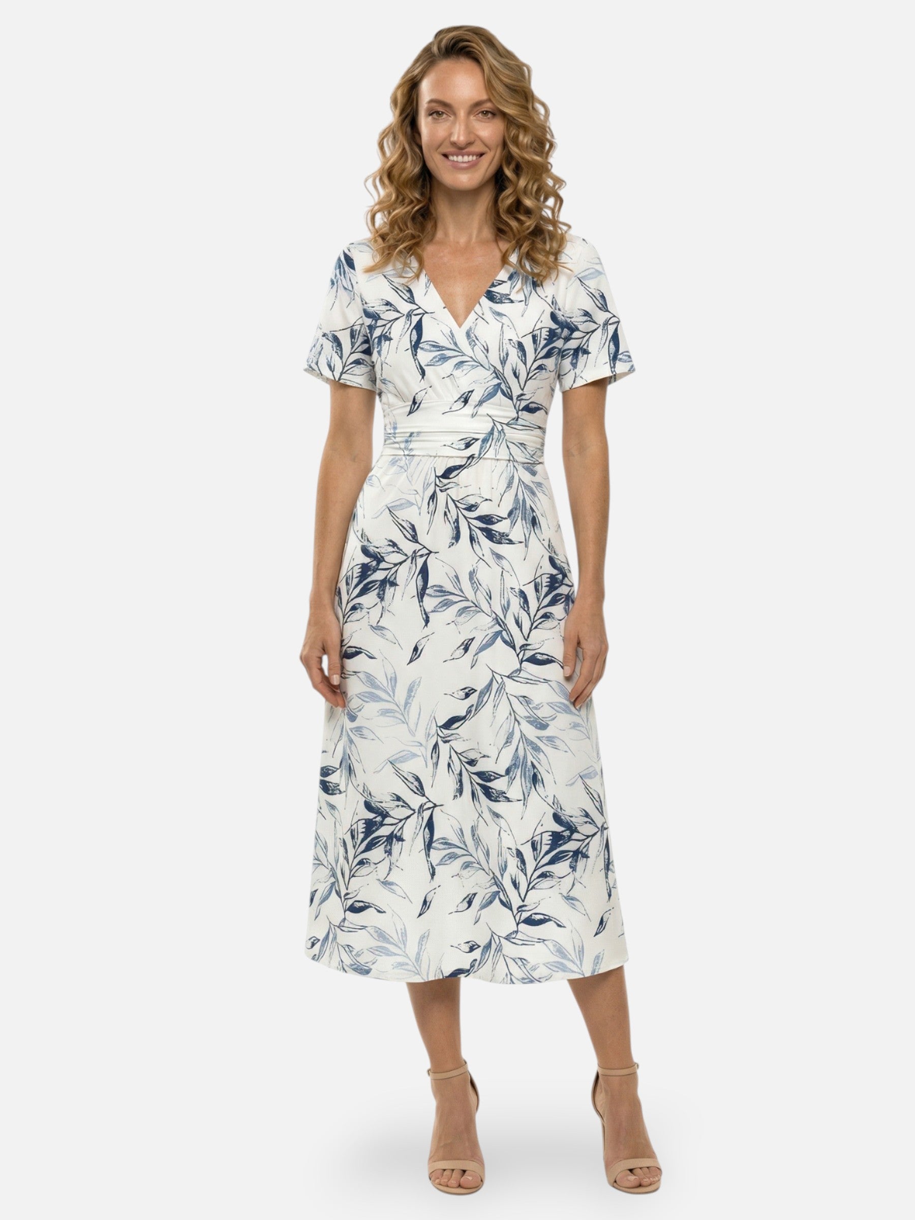 Robe midi imprimé feuilles col V coupe évasée pour femme