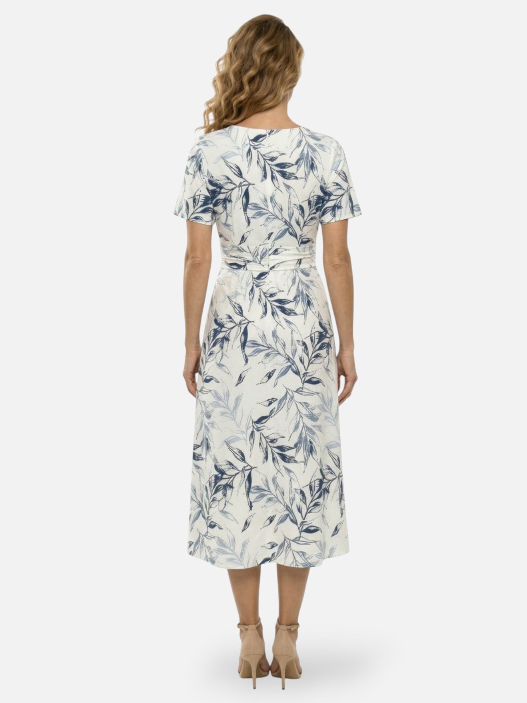 Robe midi imprimé feuilles col V coupe évasée pour femme