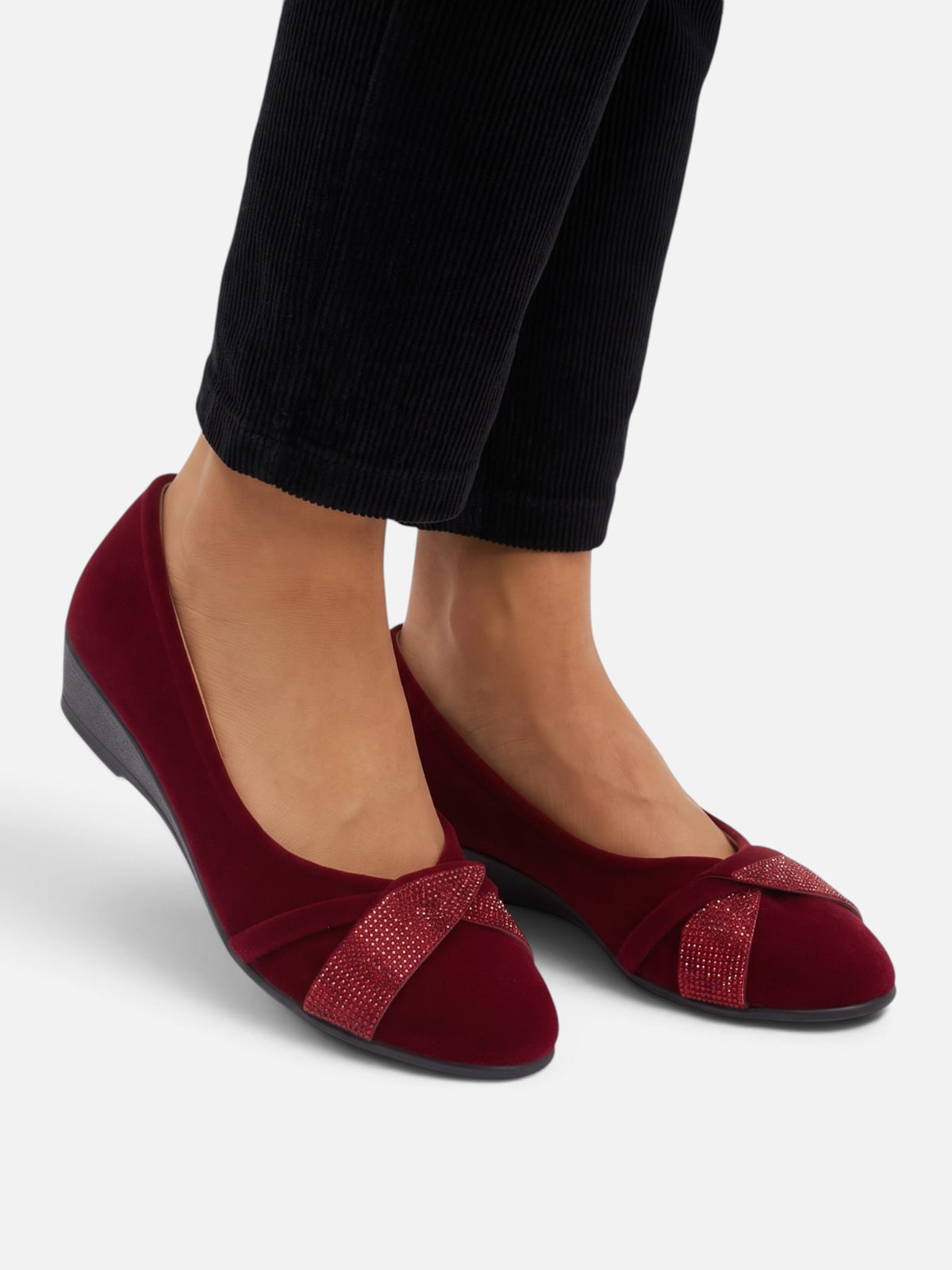 Women's Suede Look Diamante Bow Detail Ballet Flats