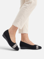 Women's Suede Look Diamante Bow Detail Ballet Flats