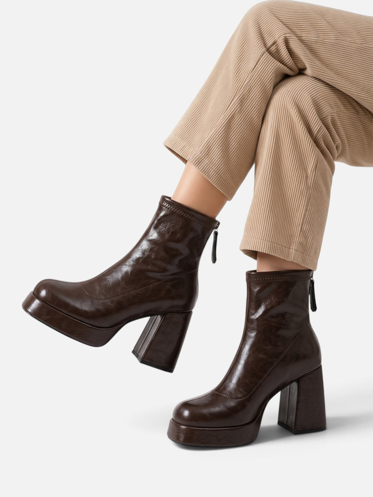 Bottines Femme Cuir Plateforme Talon Carré Zip Arrière