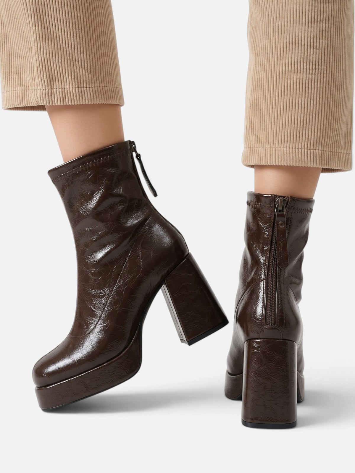 Bottines Femme Cuir Plateforme Talon Carré Zip Arrière