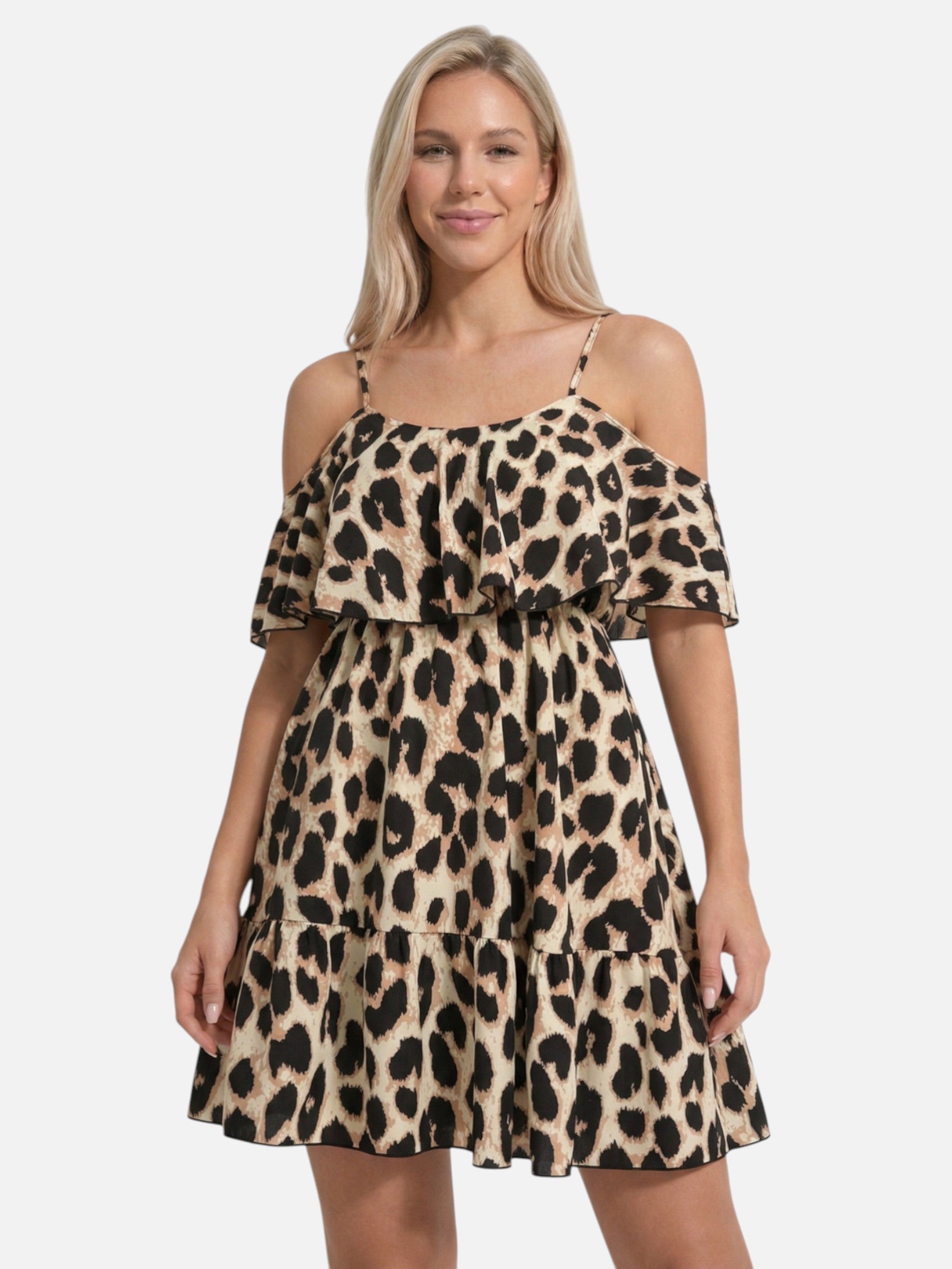 Robe d’été femme imprimé léopard à épaules dénudées avec volants