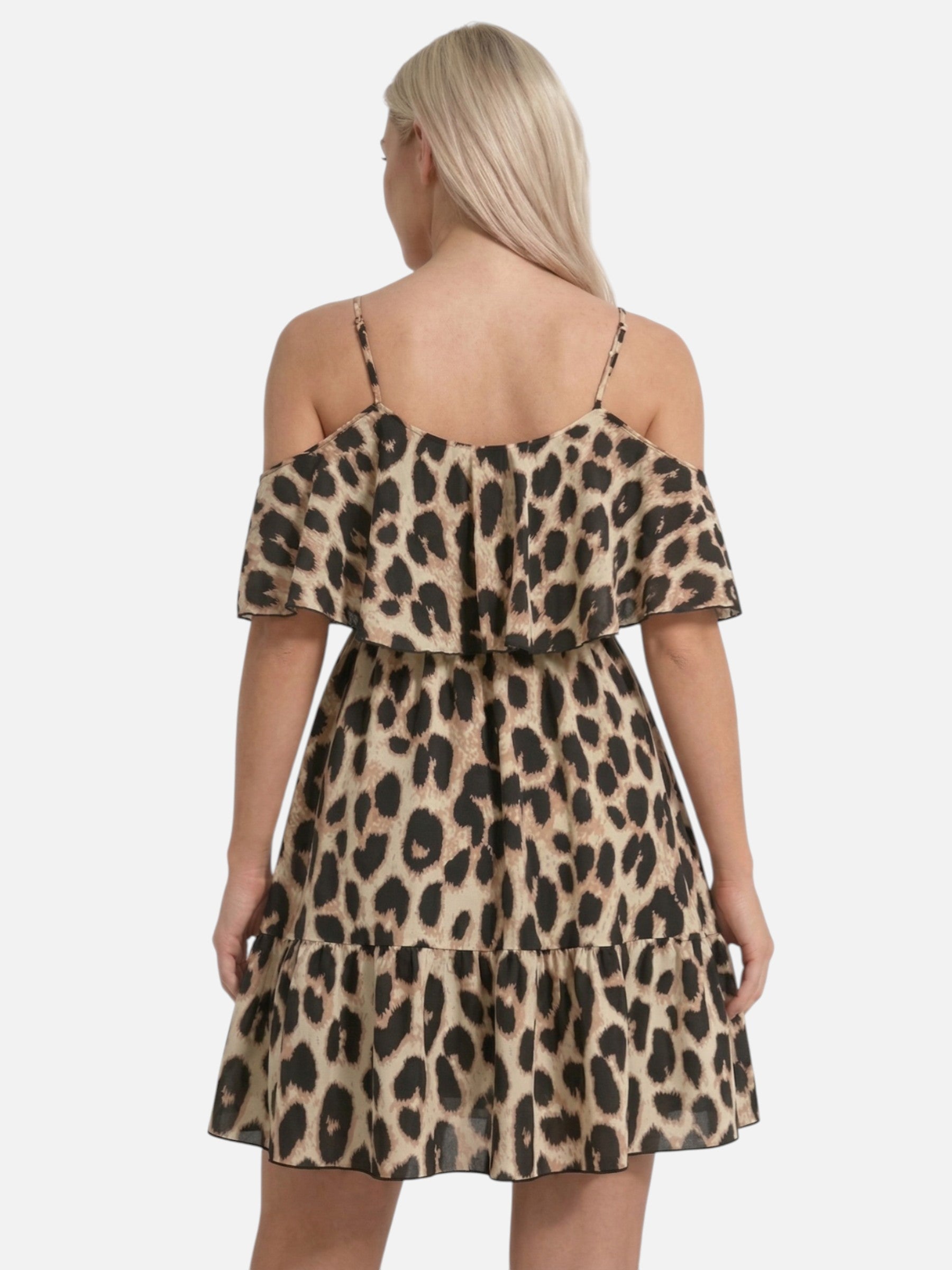 Robe d’été femme imprimé léopard à épaules dénudées avec volants