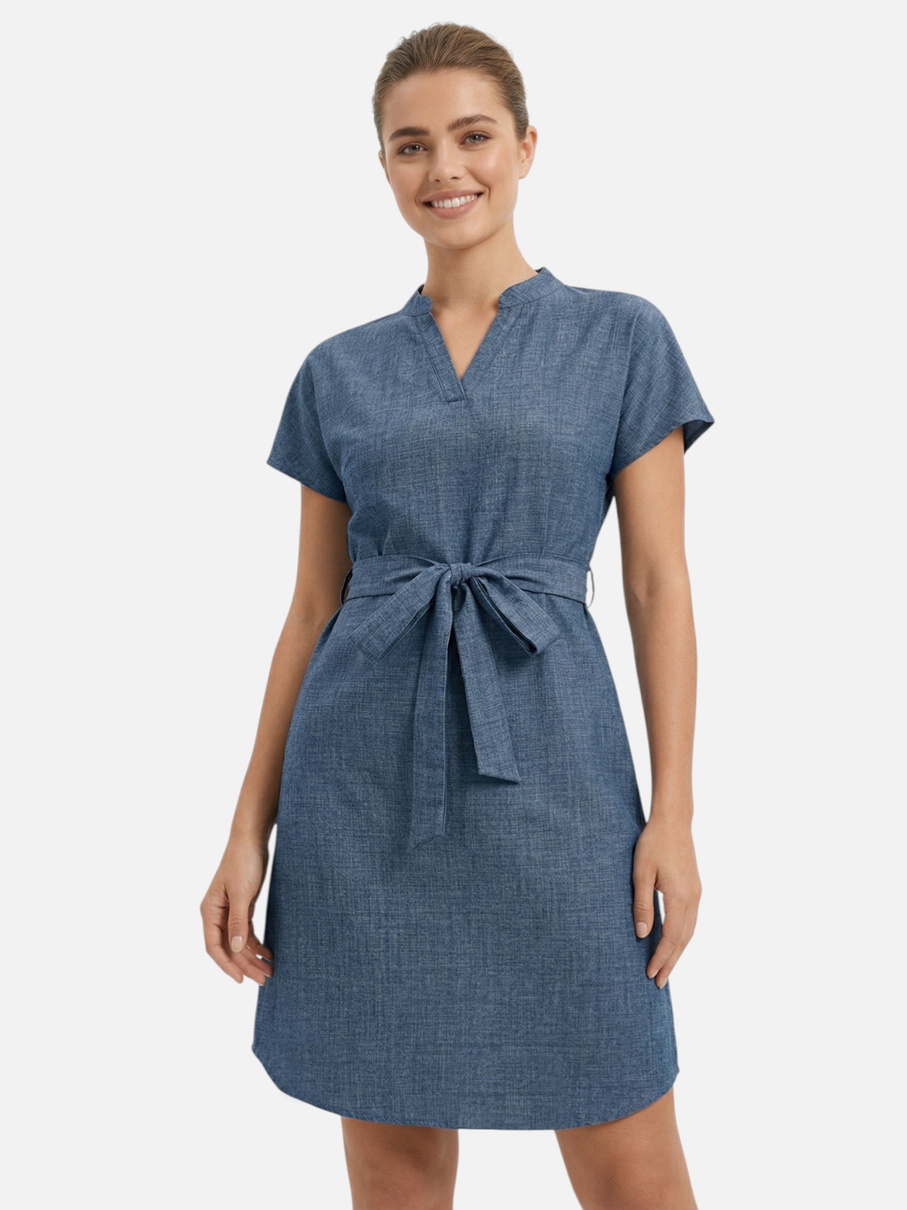 Robe femme ceinturée col tunisien élégante