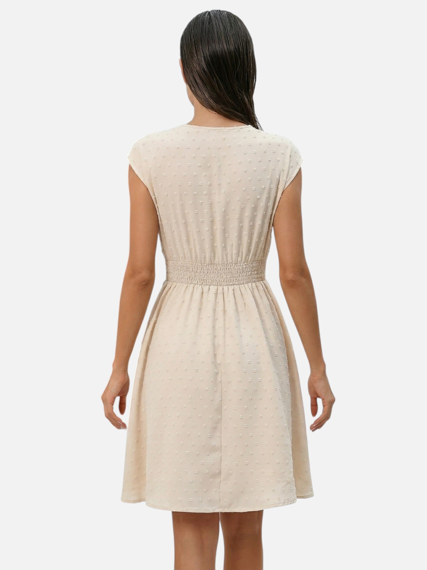 Vestido ligero y fluido con cuello de encaje y cintura ajustada para mujer