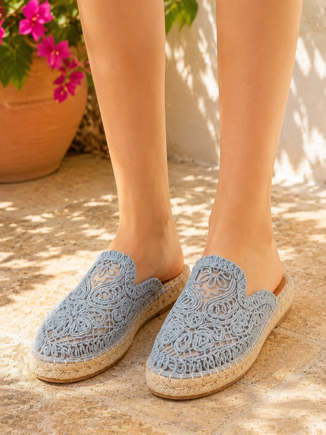 Women's Crochet Lace Slip-On Mules with Espadrille Sole and Embroidered Detail