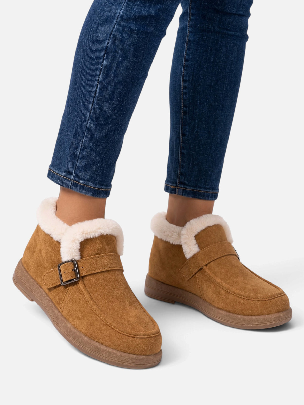 Women's Faux Fur Trim Buckle Ankle Boots