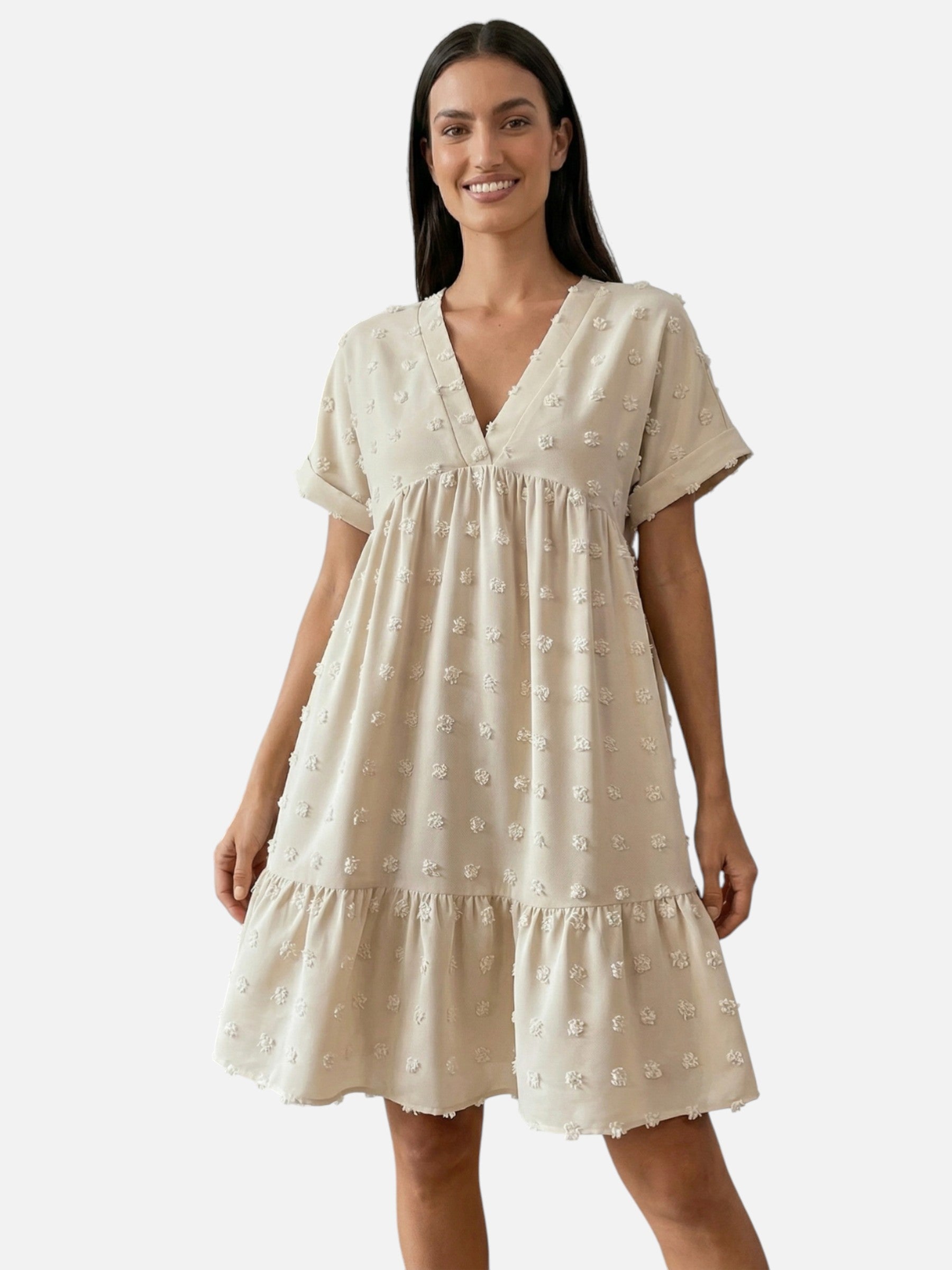 Robe courte femme été col v fluide avec manches courtes et détails texturés
