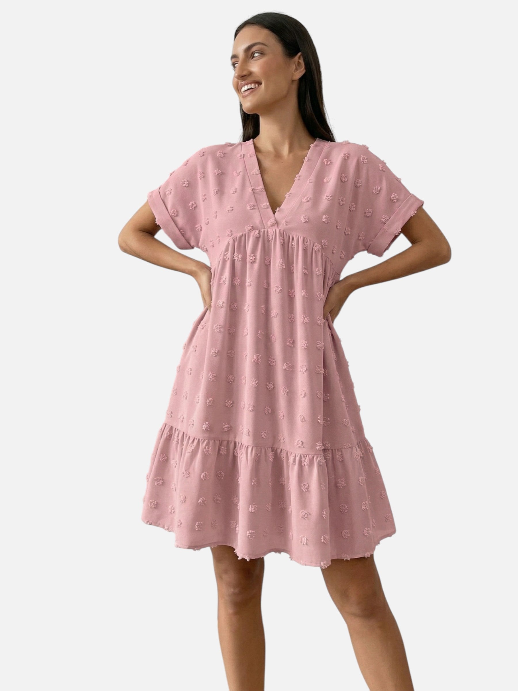 Robe courte femme été col v fluide avec manches courtes et détails texturés