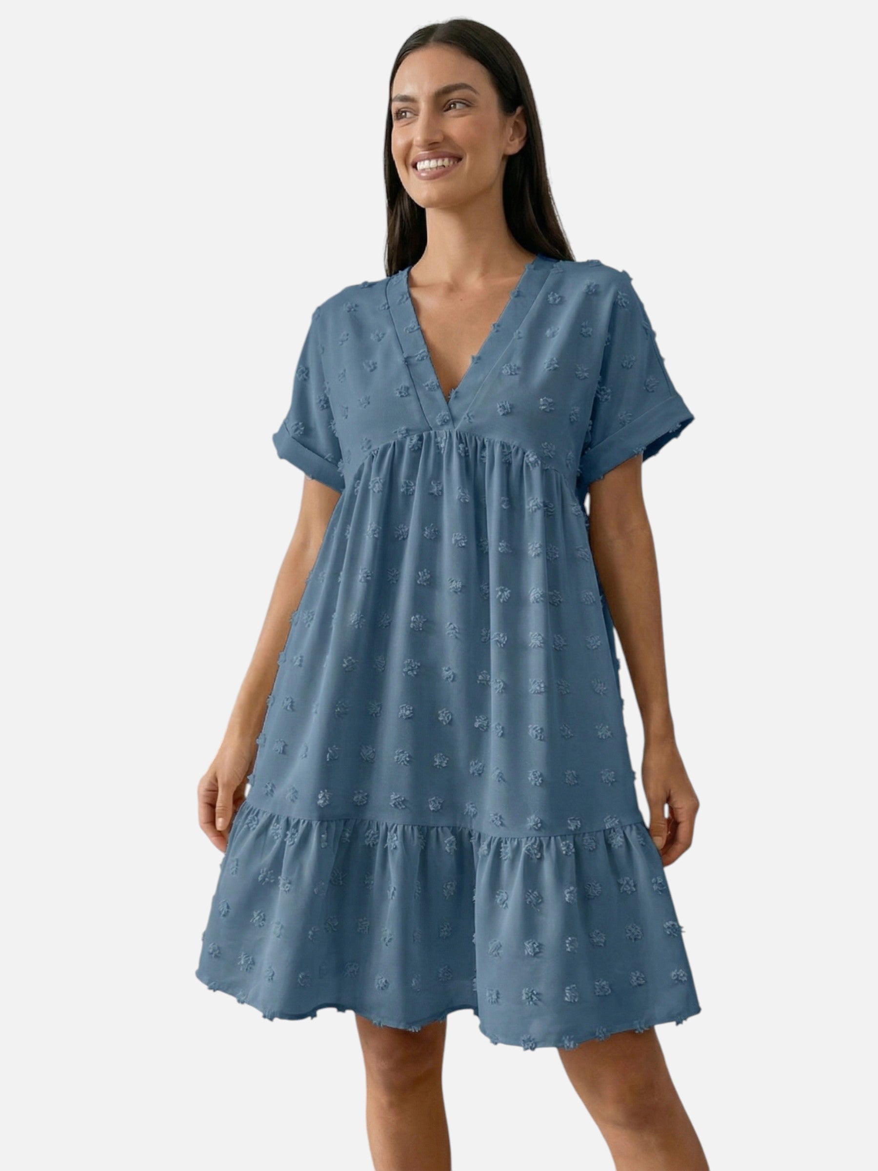 Robe courte femme été col v fluide avec manches courtes et détails texturés