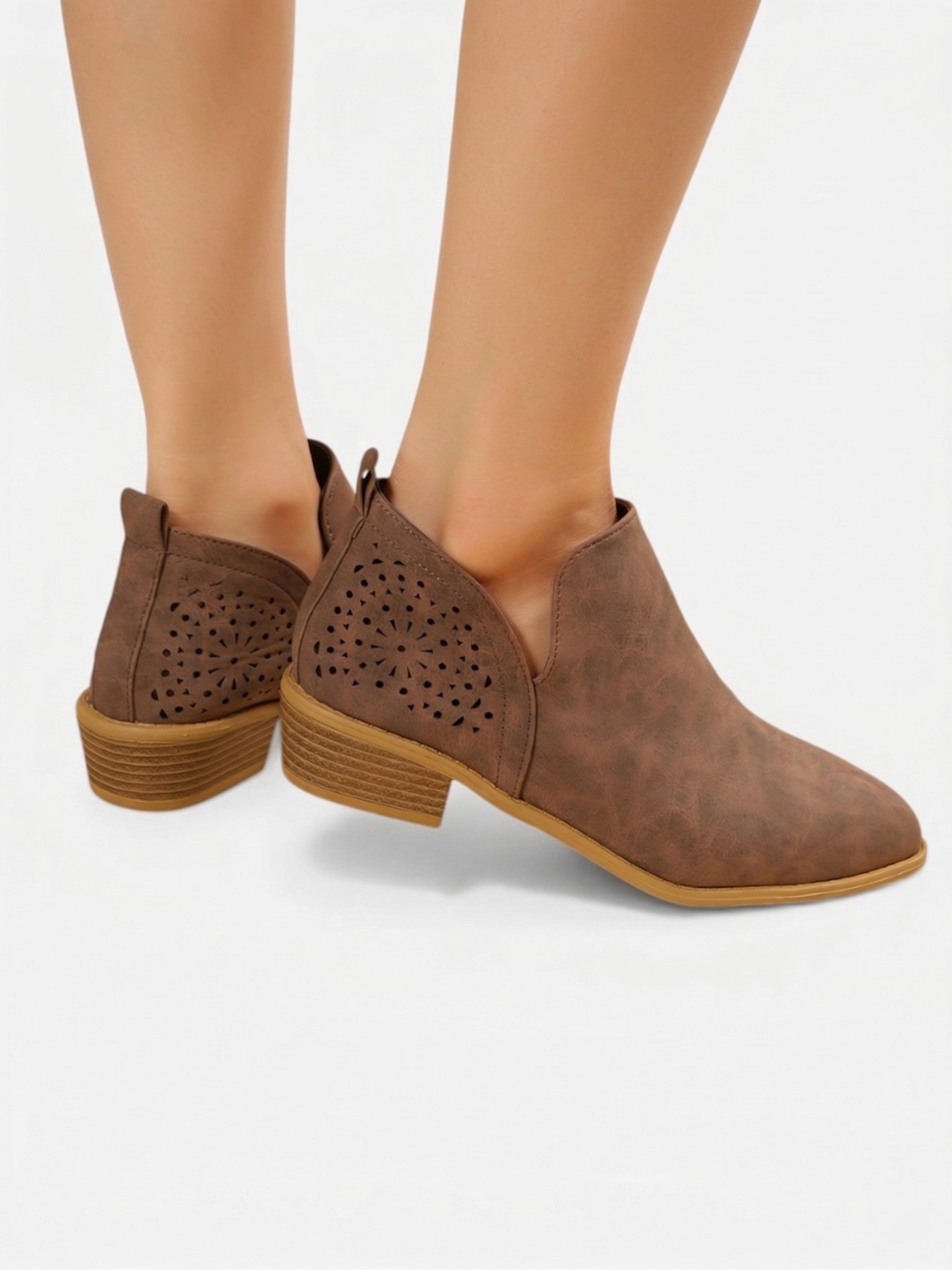 Women's perforated ankle boots with low heel, comfortable western style