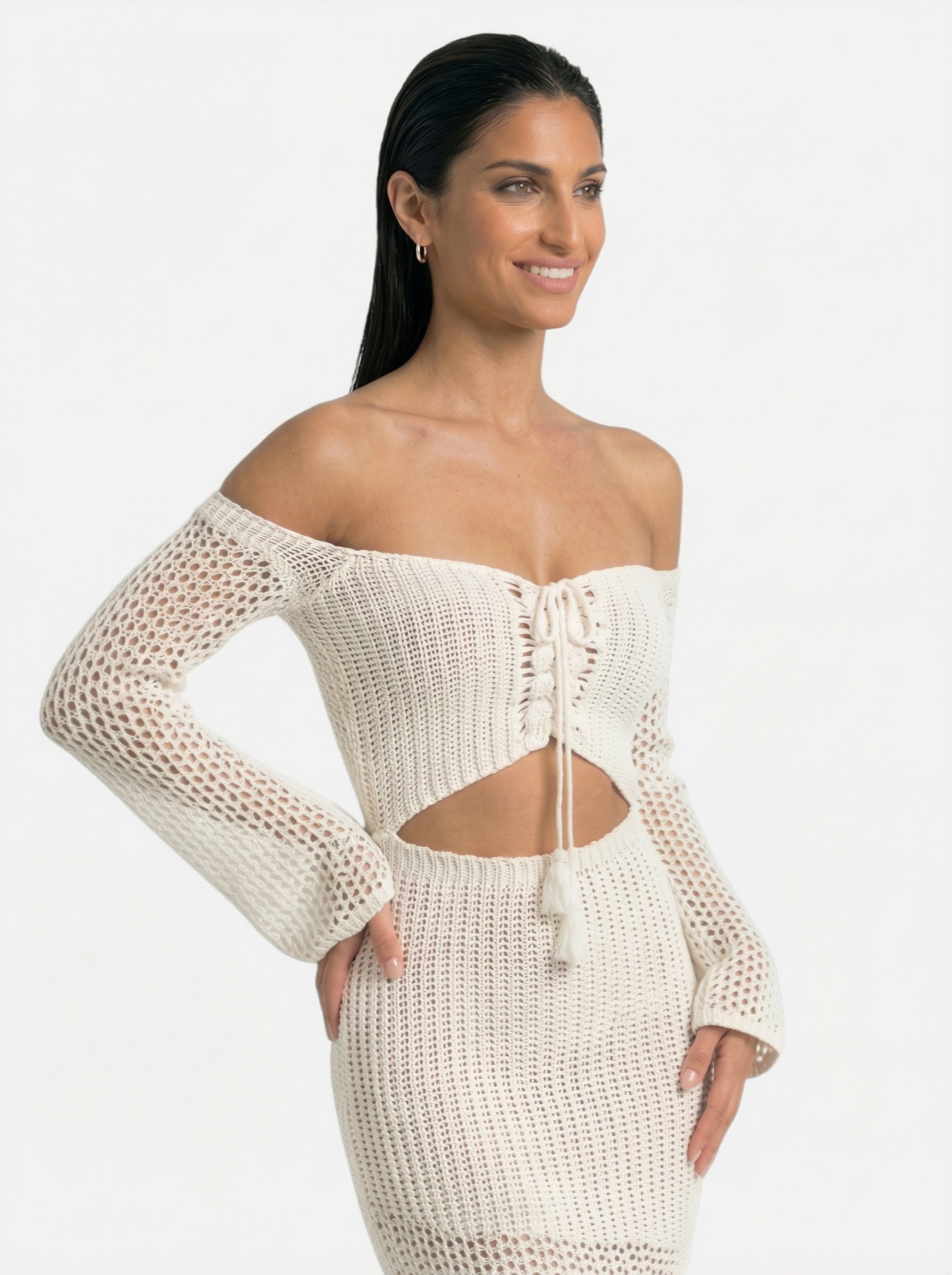 Robe de plage en crochet ajouré à manches longues pour femme