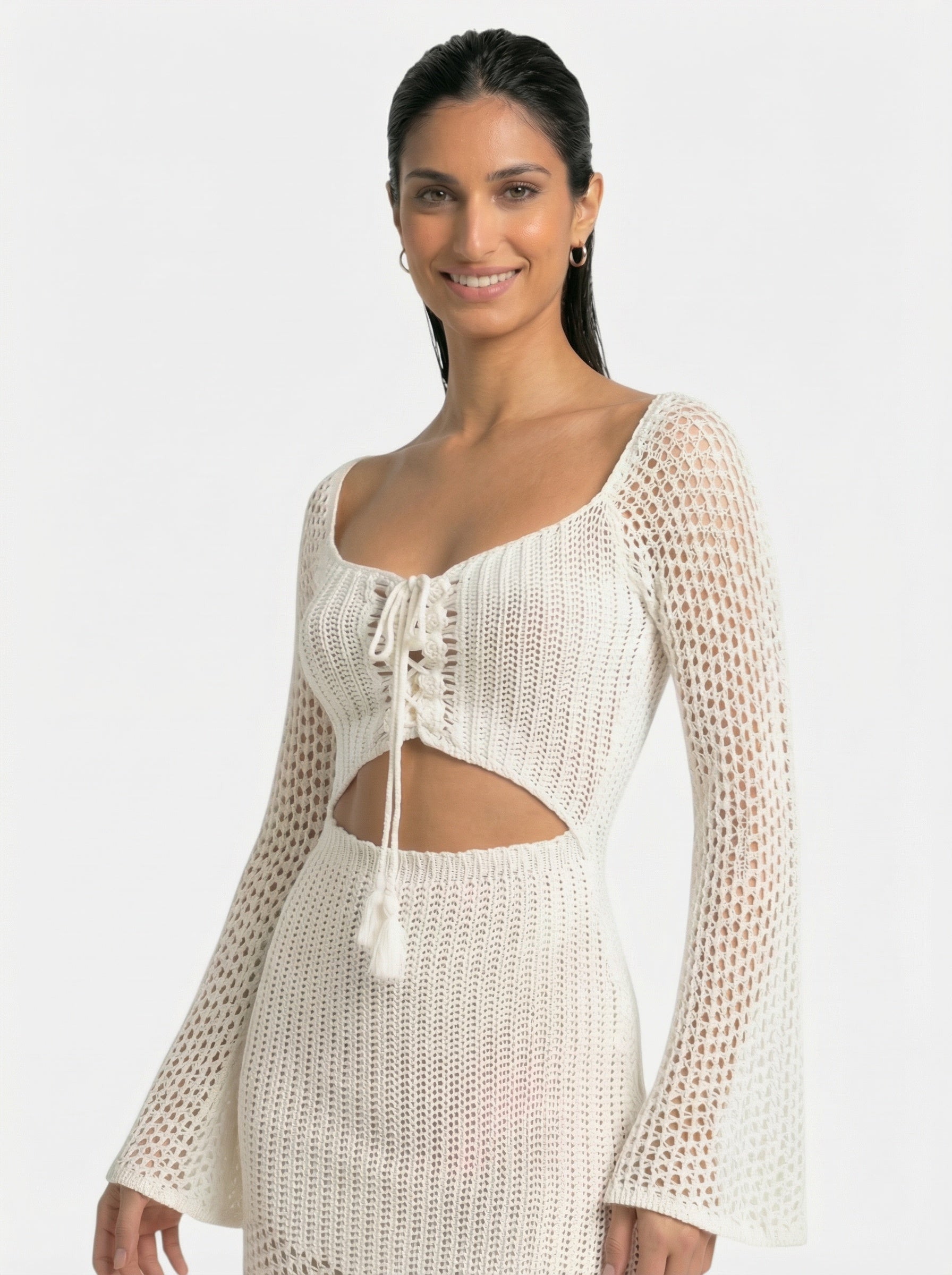 Robe de plage en crochet ajouré à manches longues pour femme