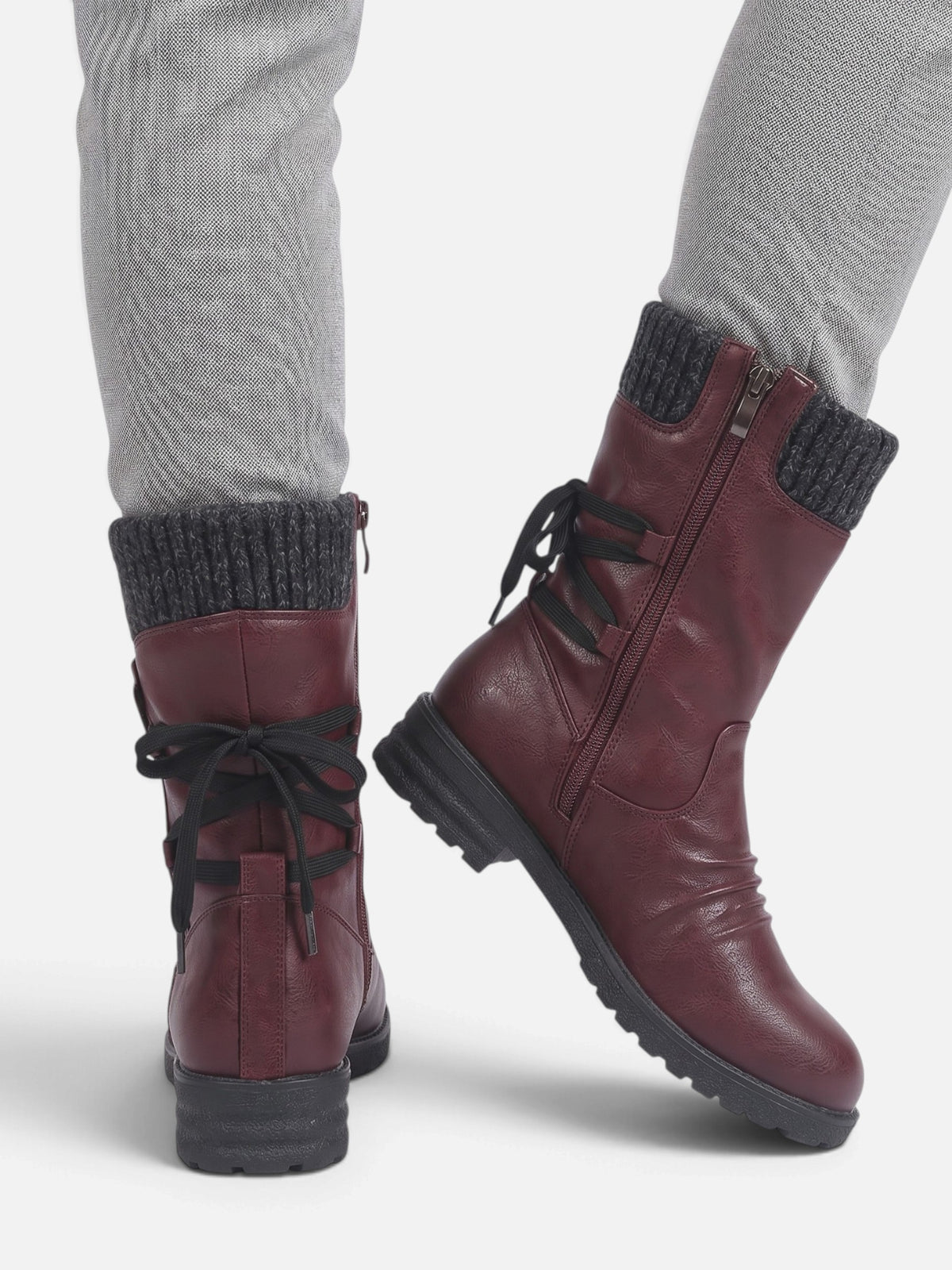 Women's Leather Knit Cuff Side Zip Calf Boots