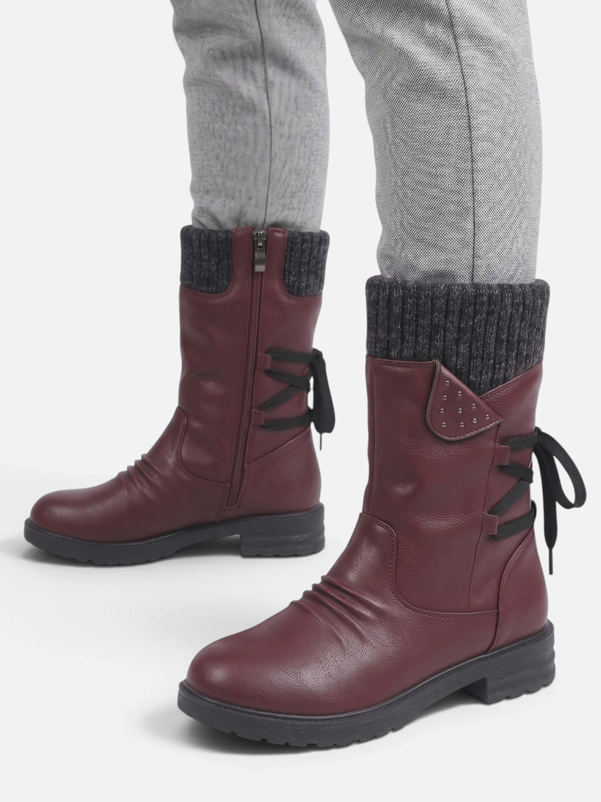 Women's Leather Knit Cuff Side Zip Calf Boots