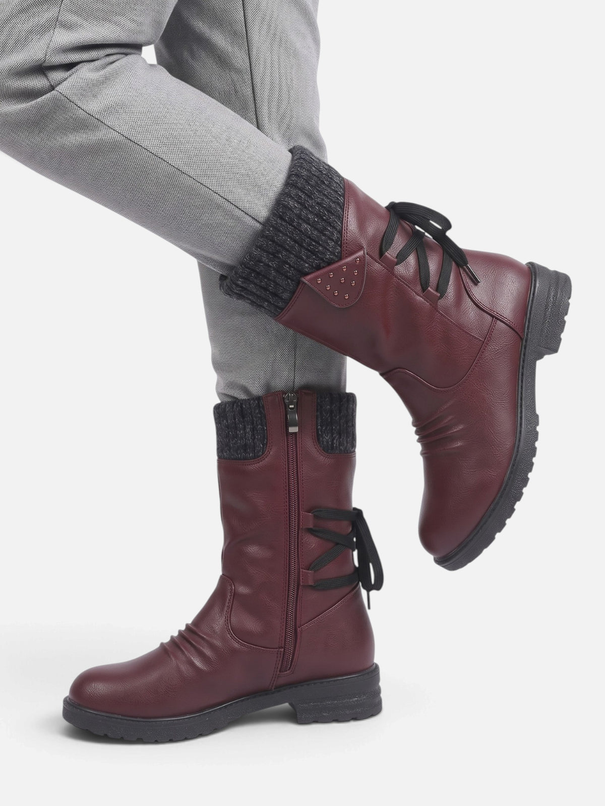Women's Leather Knit Cuff Side Zip Calf Boots