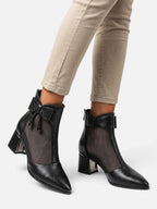 Women’s Leather Mesh Bow Block Heel Boots