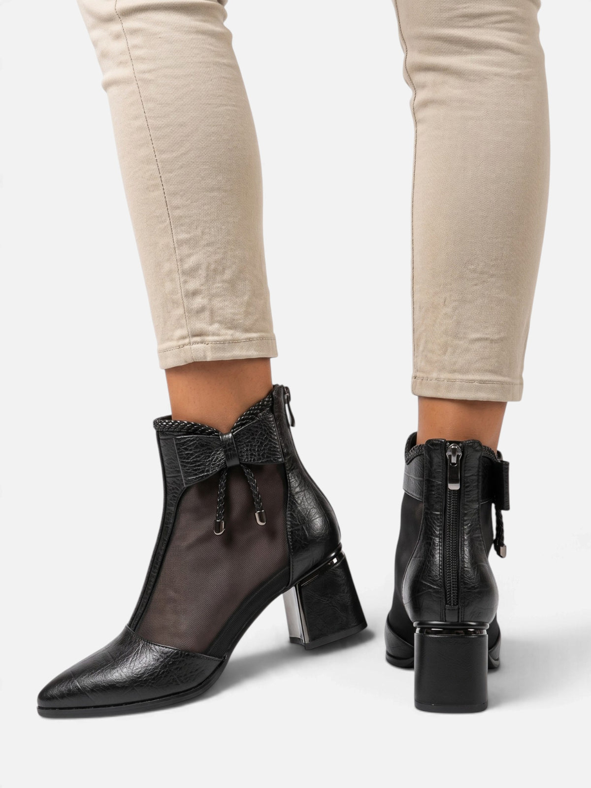 Women’s Leather Mesh Bow Block Heel Boots