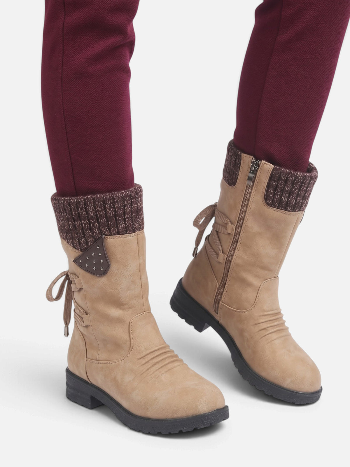Bottes Mi-Mollet Femme Suédine Revers Maille Zip Latéral