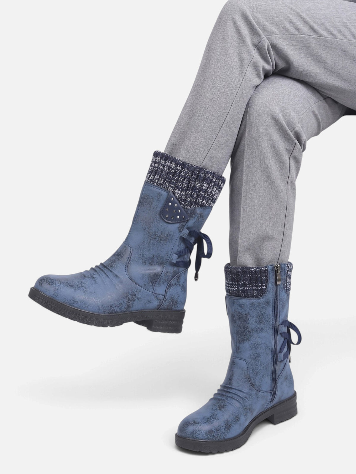 Bottes Mi-Mollet Femme Suédine Revers Maille Zip Latéral