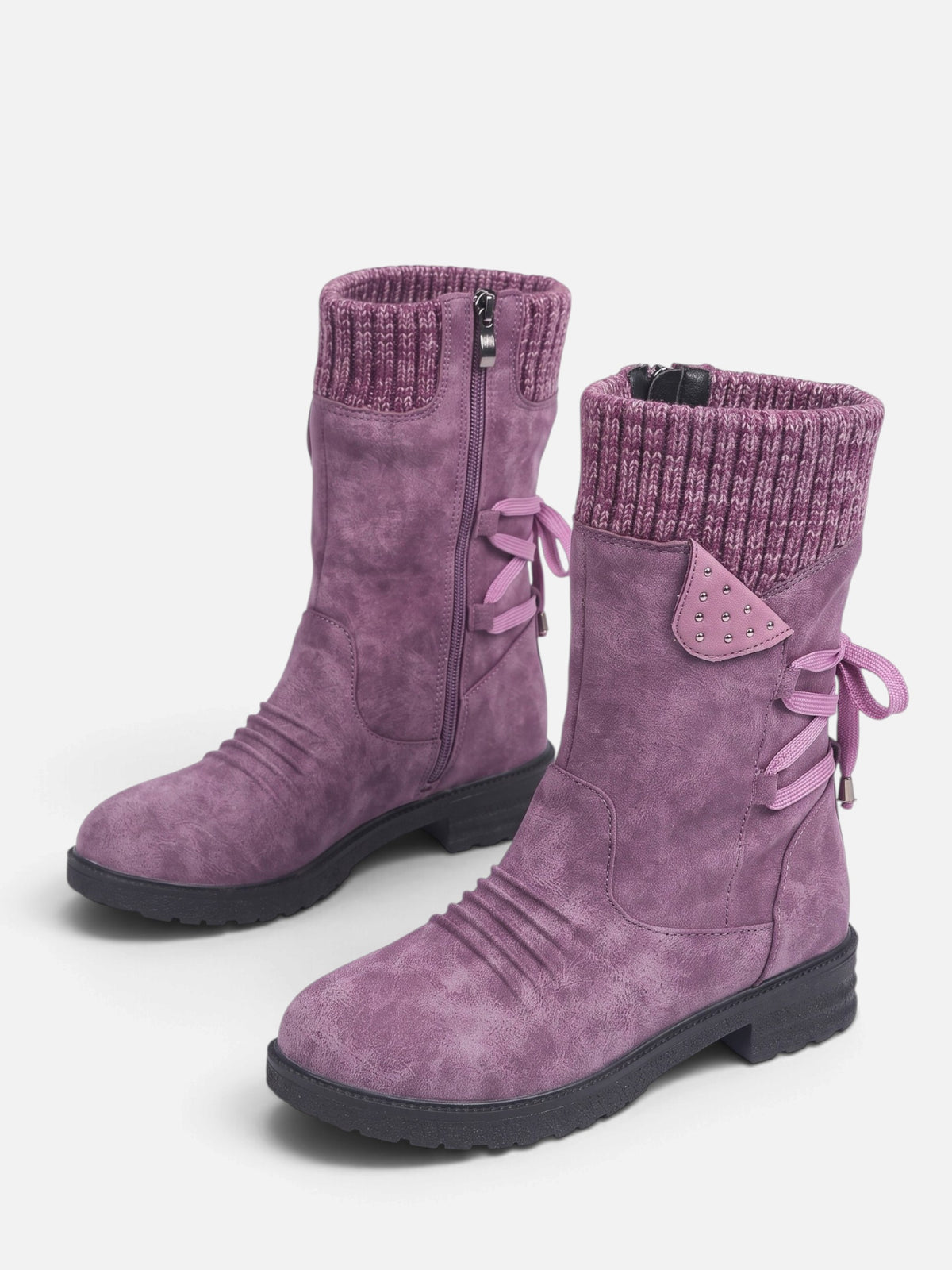 Bottes Mi-Mollet Femme Suédine Revers Maille Zip Latéral
