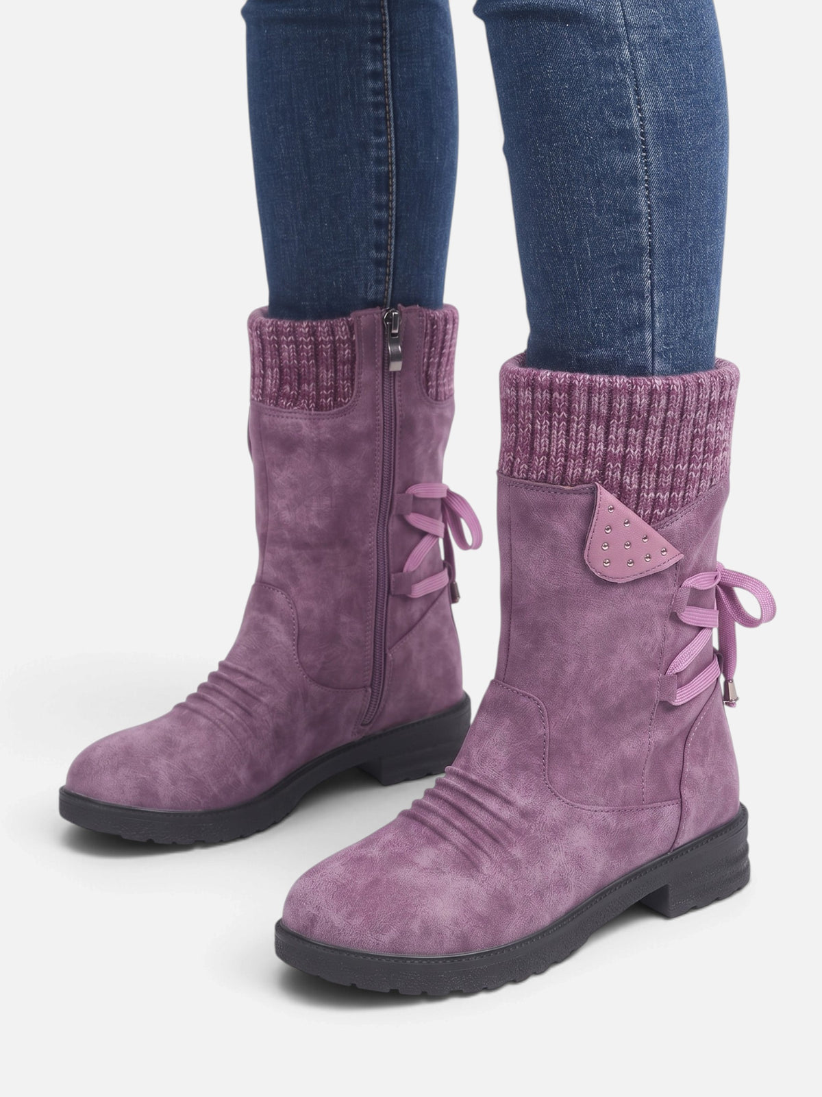 Bottes Mi-Mollet Femme Suédine Revers Maille Zip Latéral