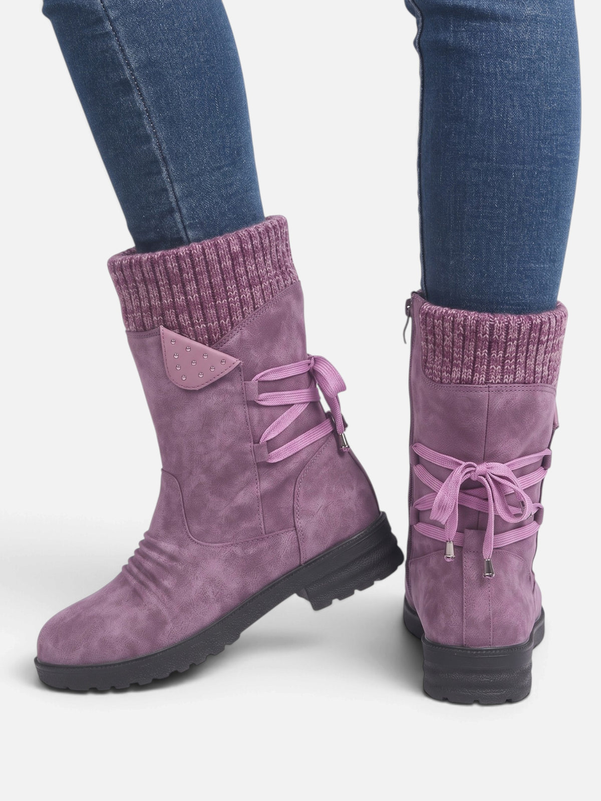 Bottes Mi-Mollet Femme Suédine Revers Maille Zip Latéral