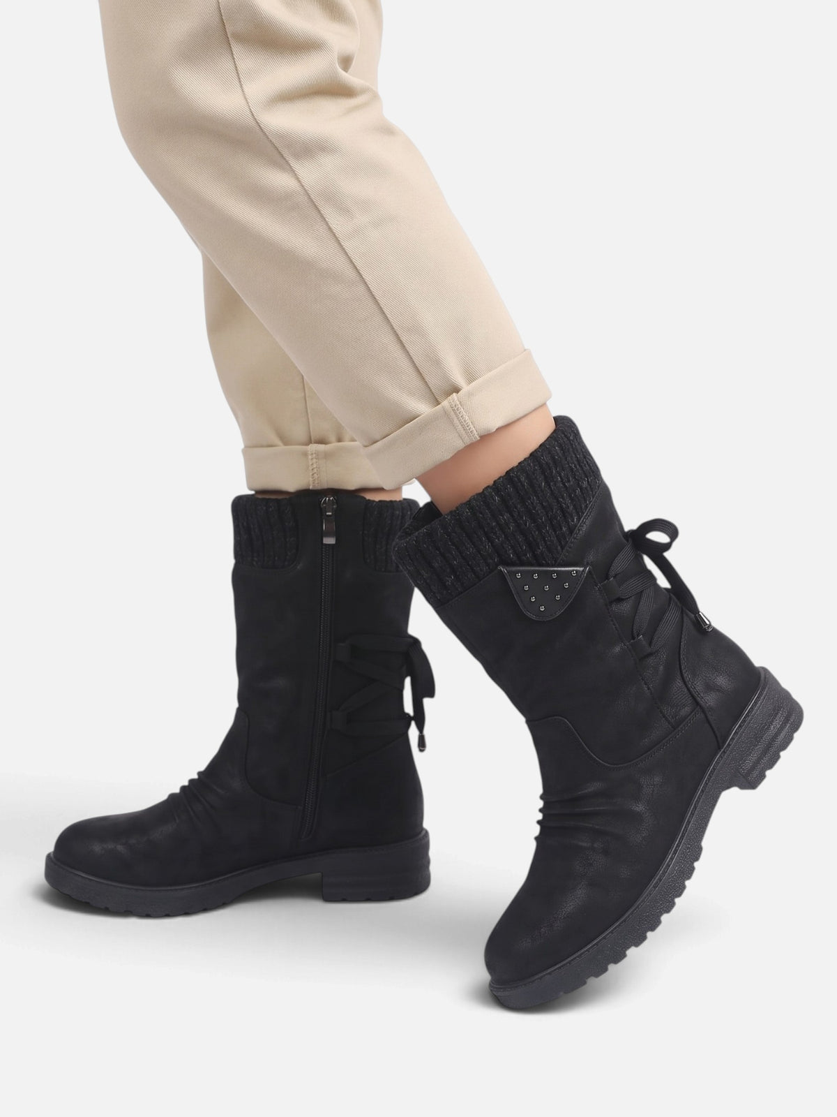 Bottes Mi-Mollet Femme Suédine Revers Maille Zip Latéral