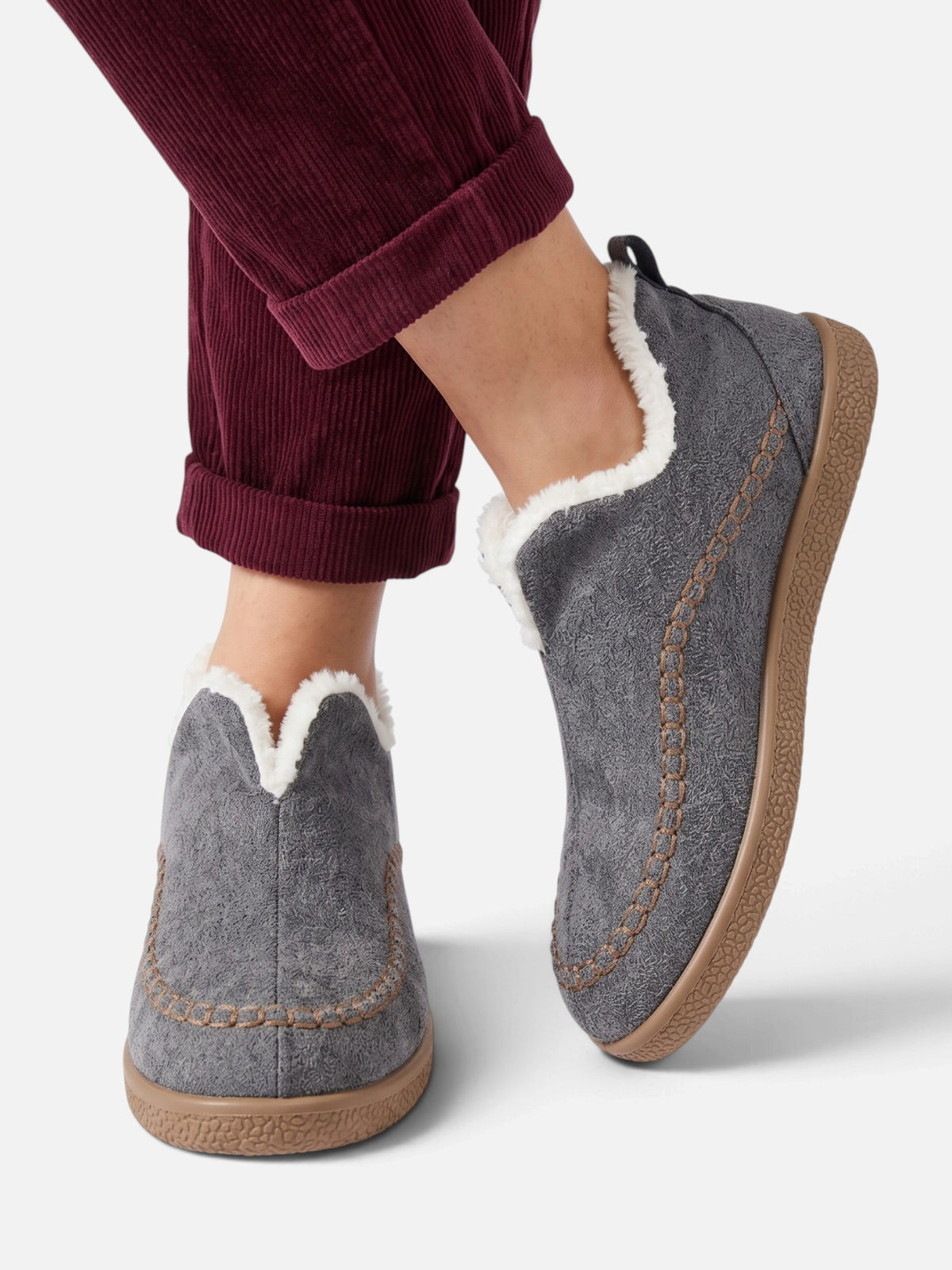 Chaussons Femme Velours Côtelé Doublure Fausse Fourrure à Enfiler