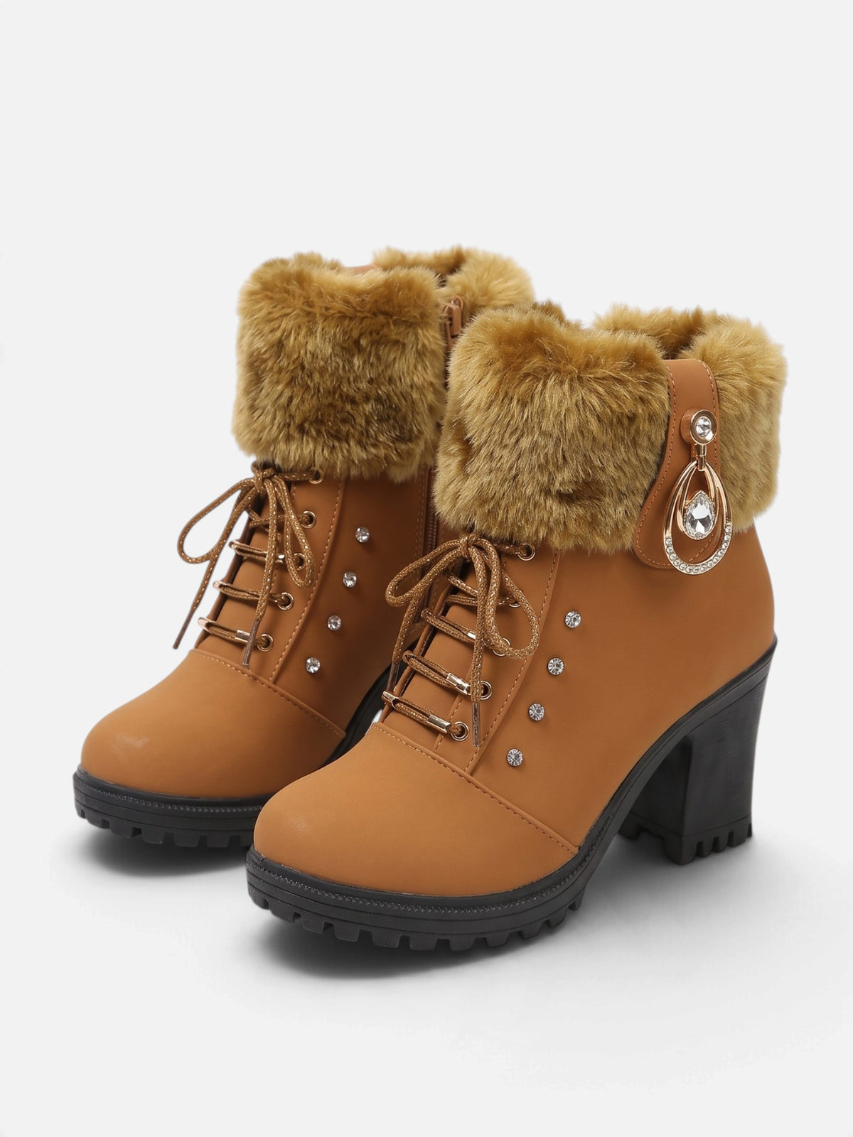 Bottines Femme à Lacets Fausse Fourrure Strass