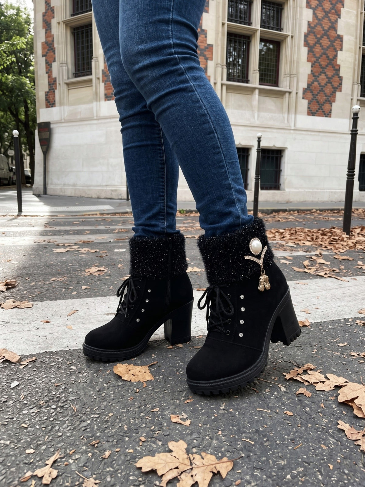 Women’s Diamante Lace Up Block Heel Ankle Boots