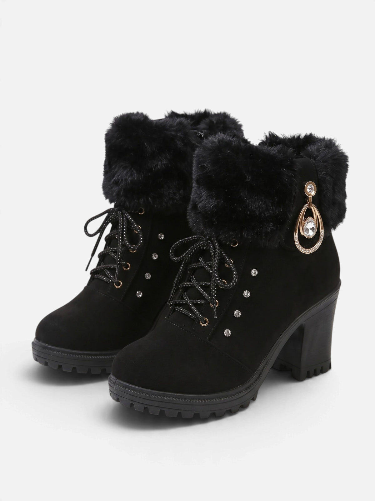Bottines Femme à Lacets Fausse Fourrure Strass