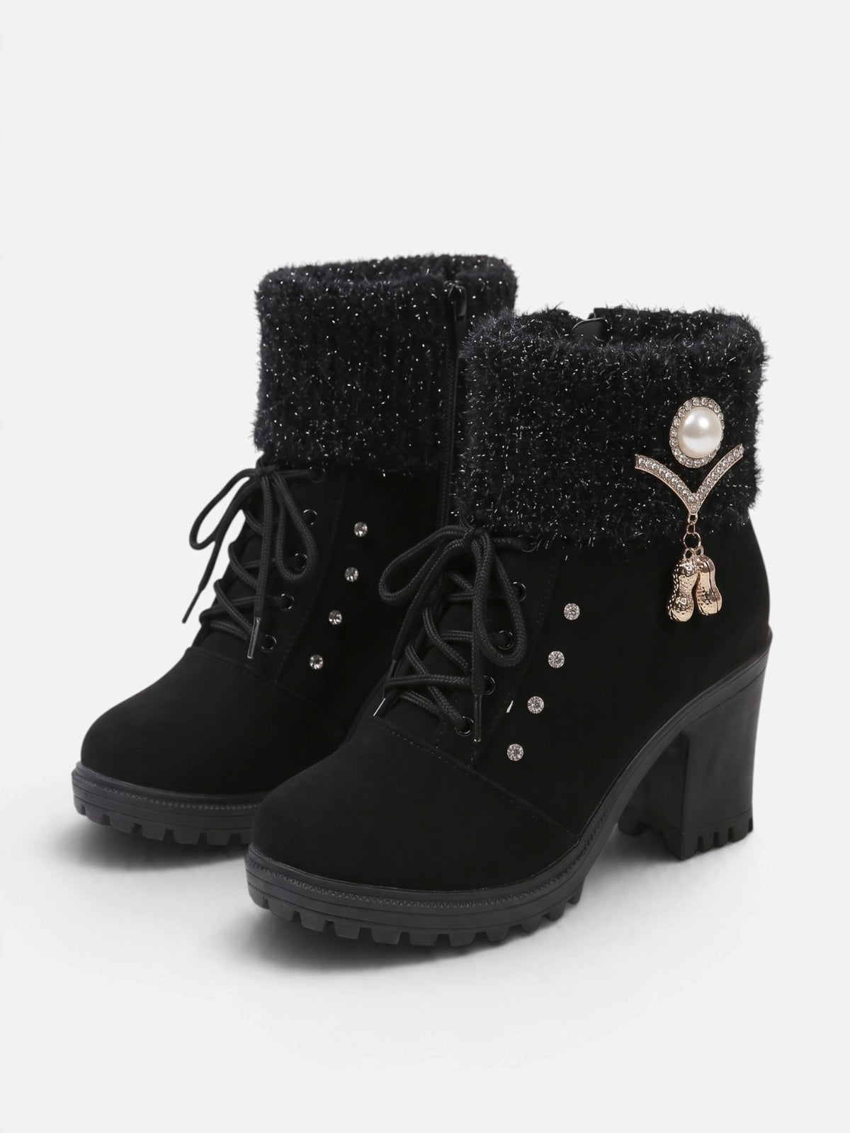 Women’s Diamante Lace Up Block Heel Ankle Boots