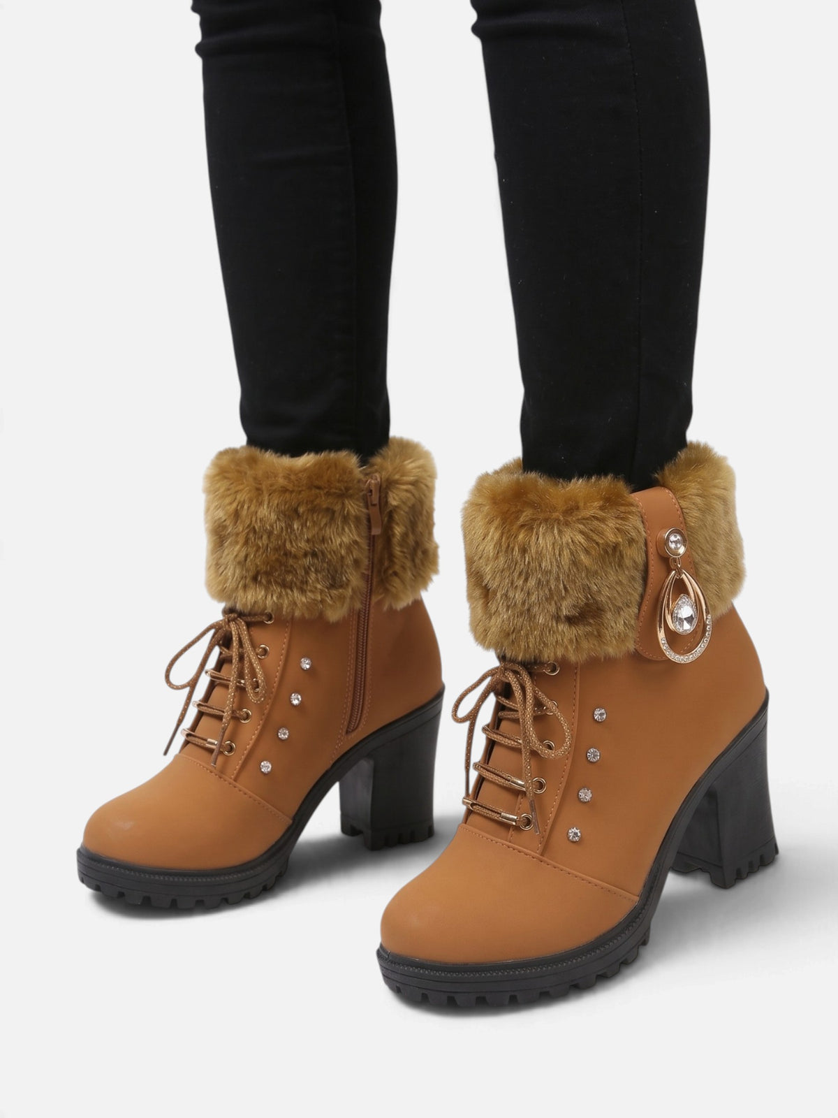 Bottines Femme à Lacets Fausse Fourrure Strass