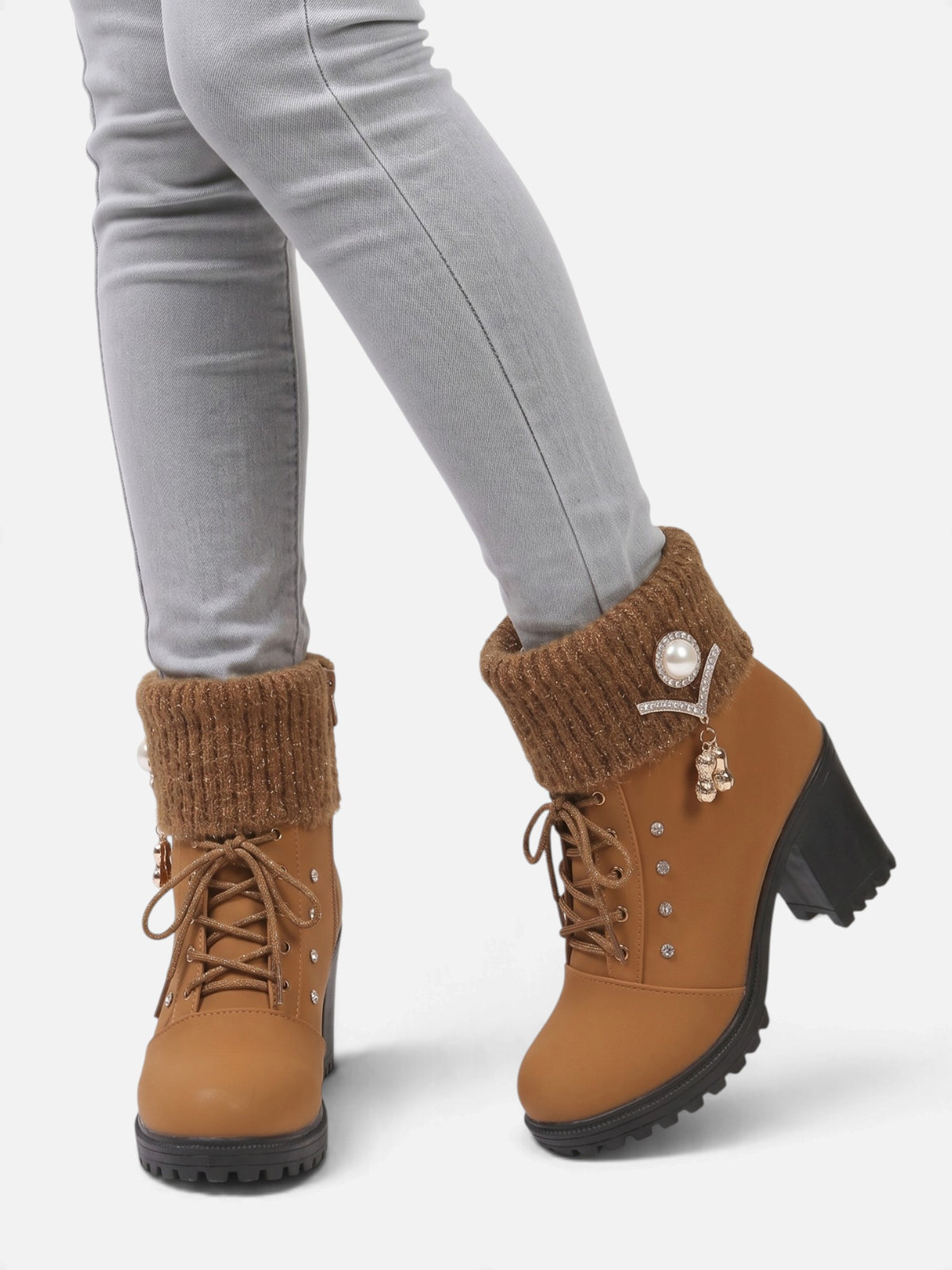 Women’s Diamante Lace Up Block Heel Ankle Boots